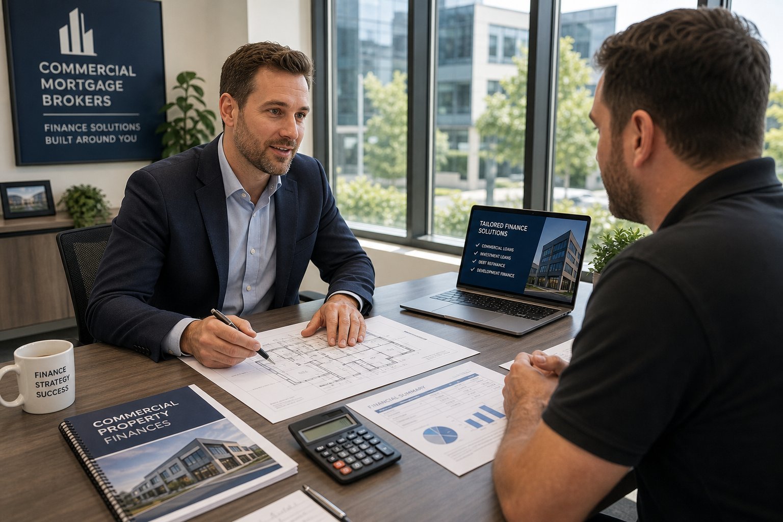 Commercial mortgage broker meeting a business owner in a bright office to review property finance documents.