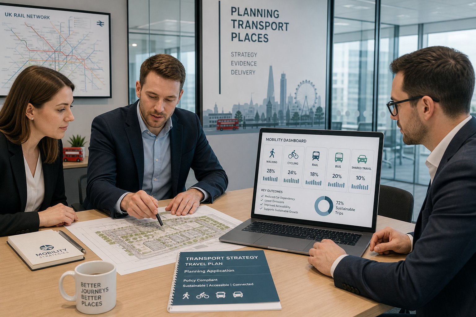 Travel consultants reviewing a UK planning and sustainable transport strategy.