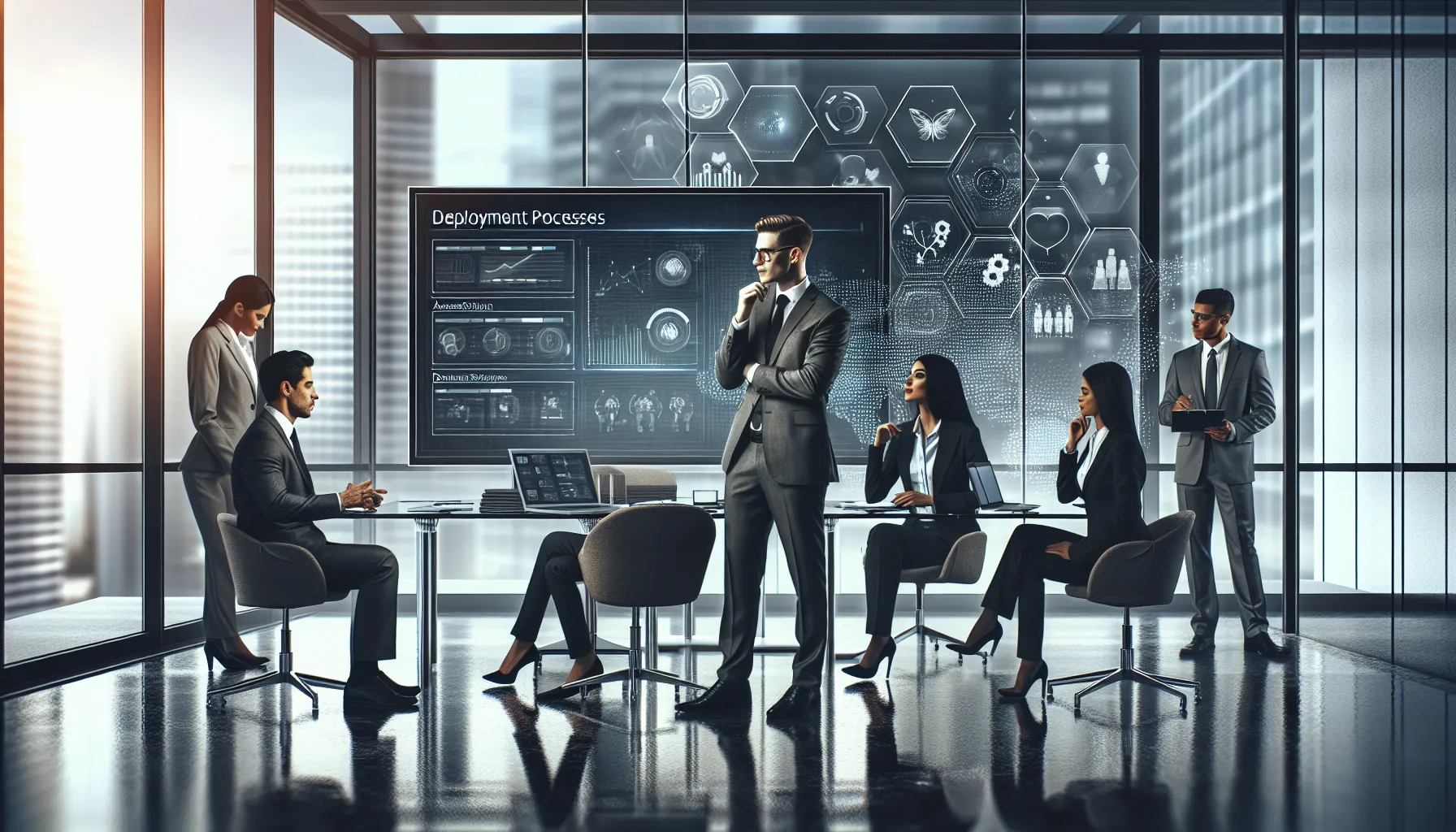 diverse professionals collaborating in a modern office on Mac enterprise consulting.