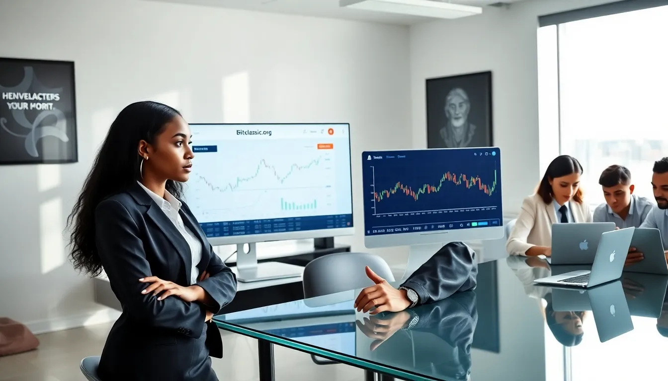 diverse professionals trading cryptocurrency in a modern office.