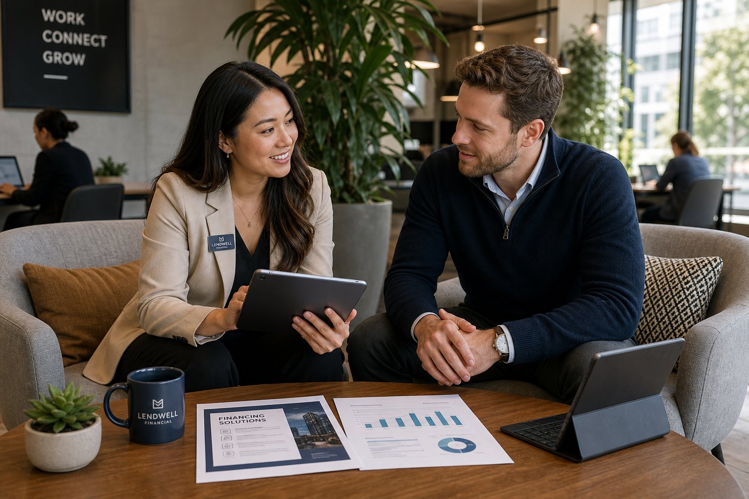 Lender representative and client discussing commercial mortgage options in a modern co-working lounge with natural light.
