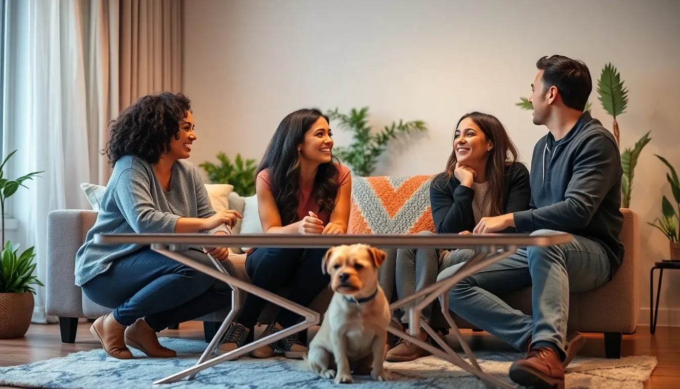 friends laughing together in a cozy modern living room.