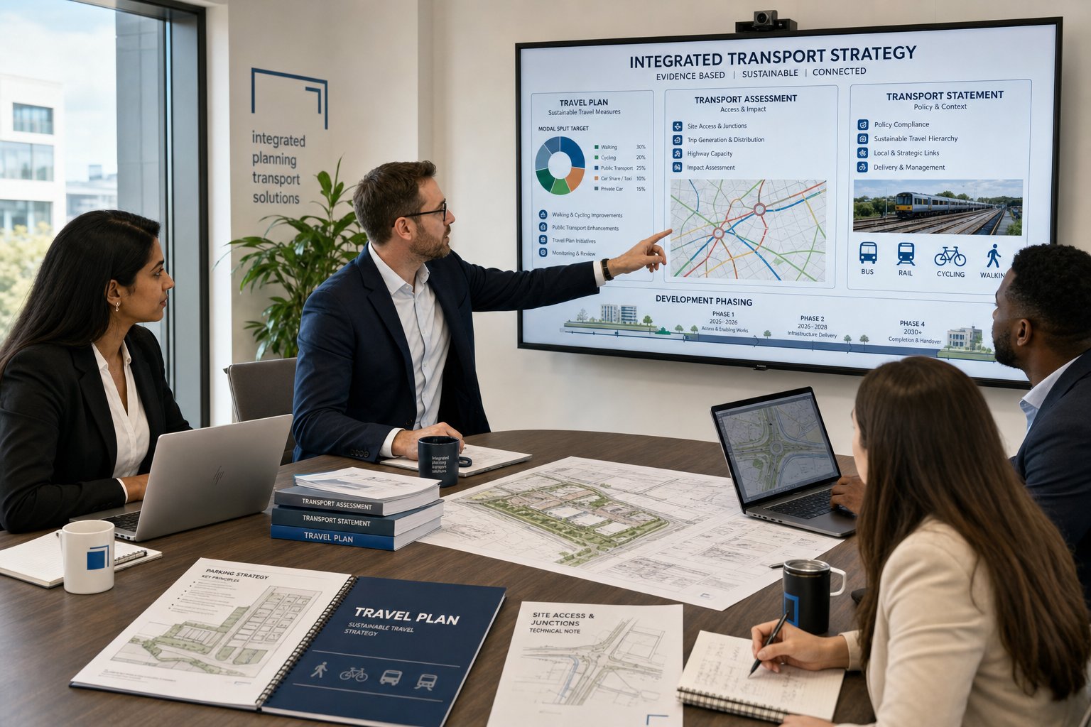 Consultants reviewing travel plans and transport reports in a modern UK office.