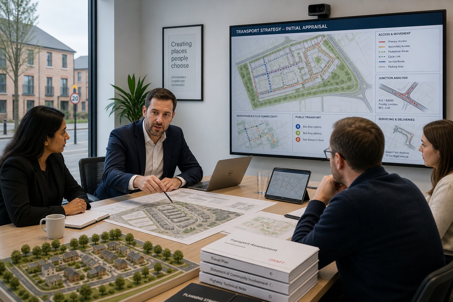 Transport consultants reviewing a UK development site plan in a modern office.