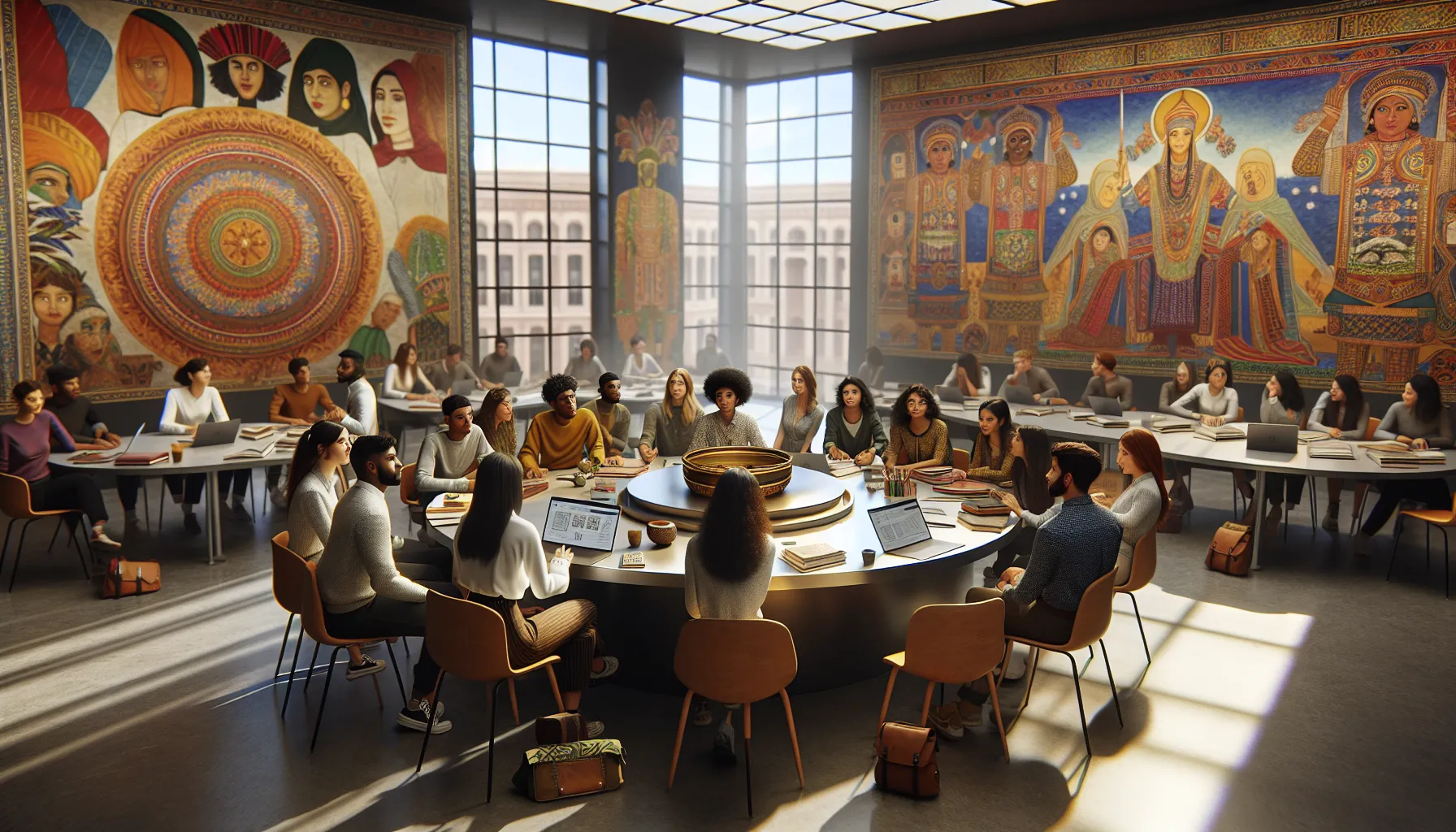 students collaborating in a modern classroom, blending tradition and learning.