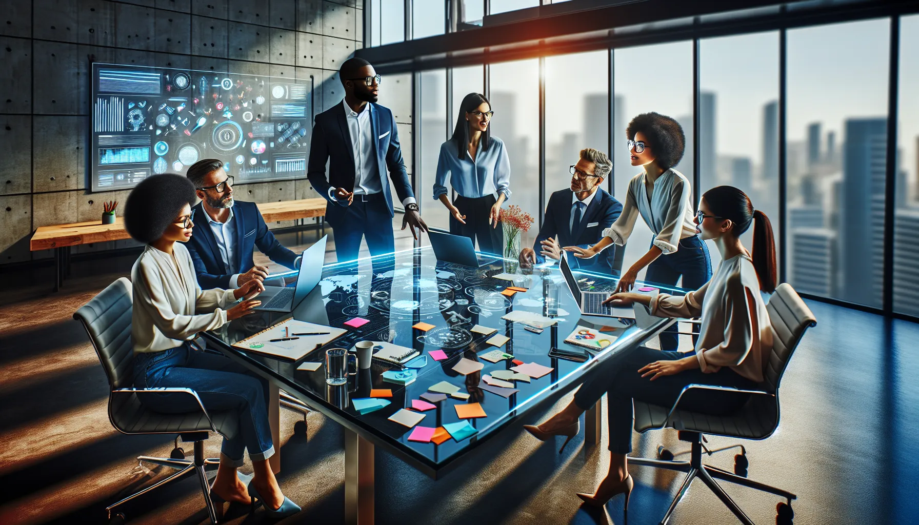diverse team brainstorming in a modern office setting.