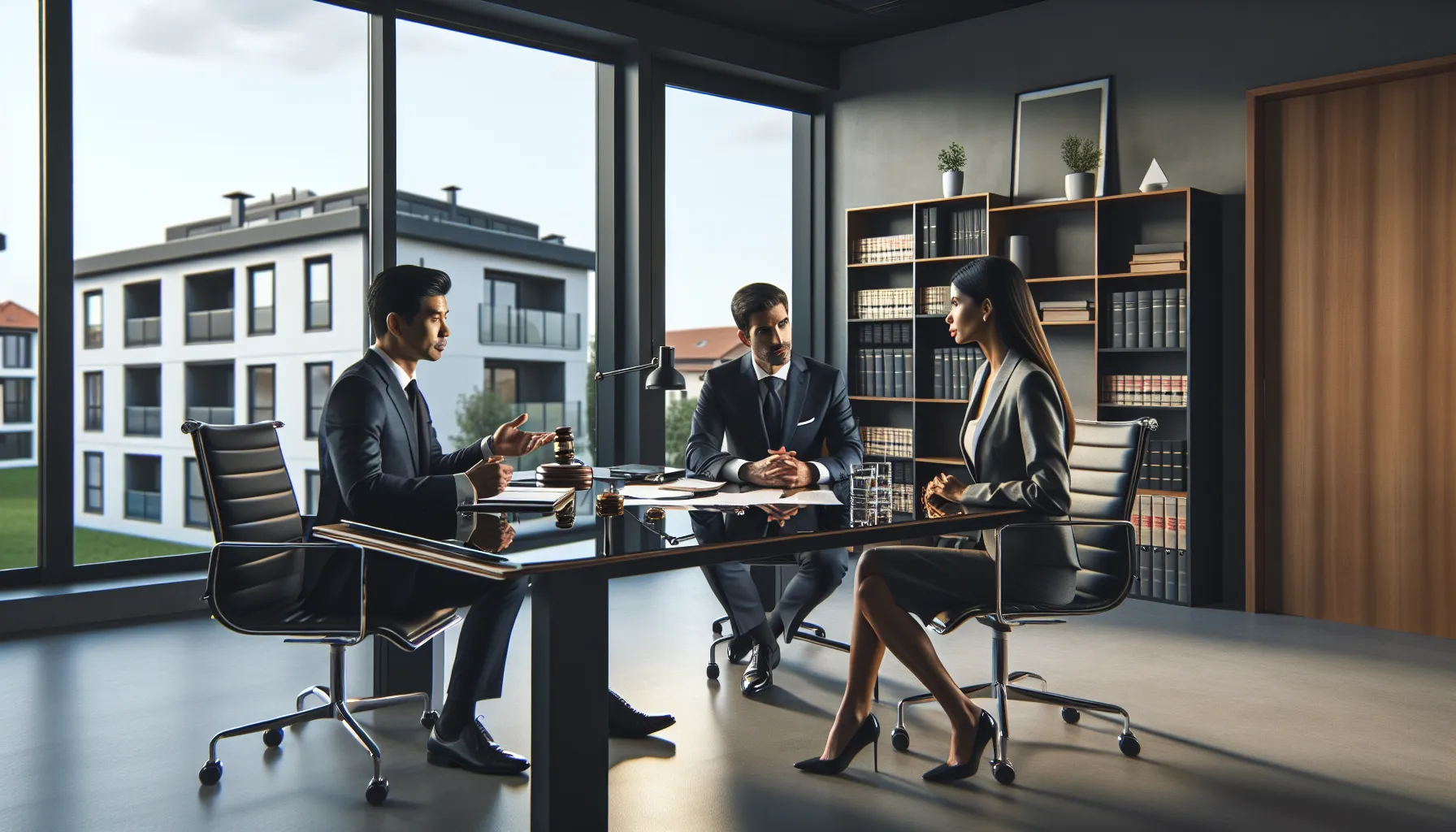 Legal consultation between attorney and client discussing property division in modern office