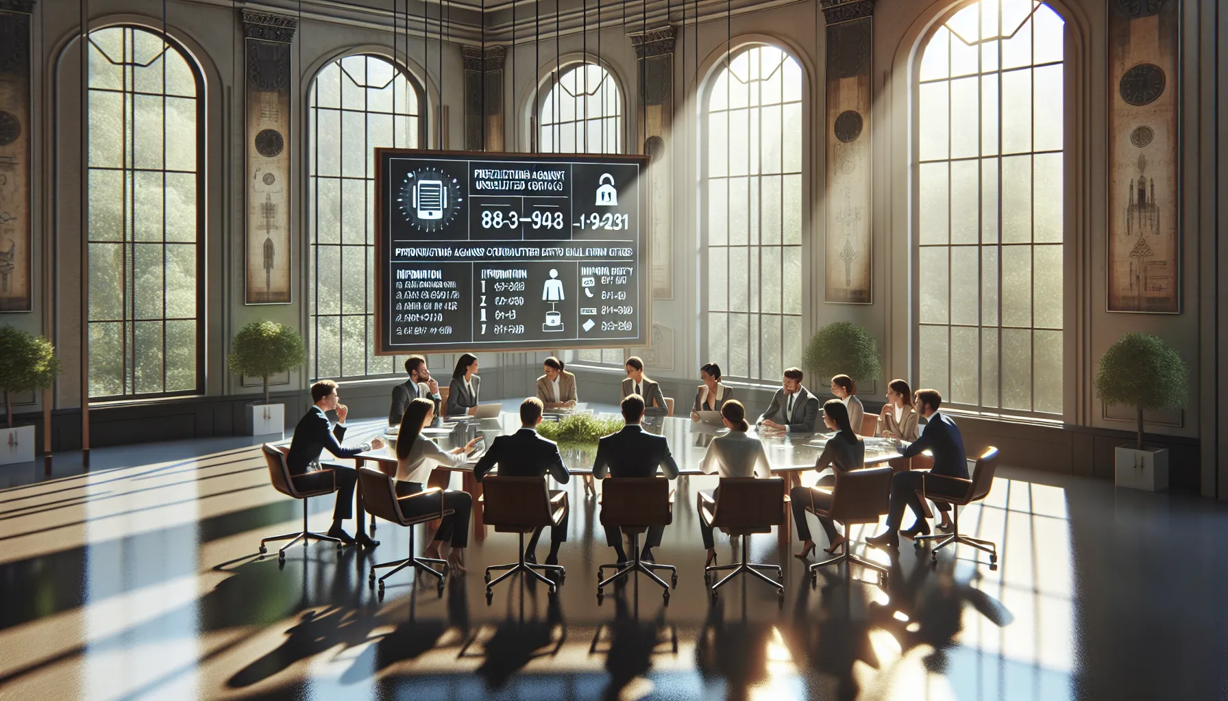 diverse professionals discussing phone safety in a modern office.