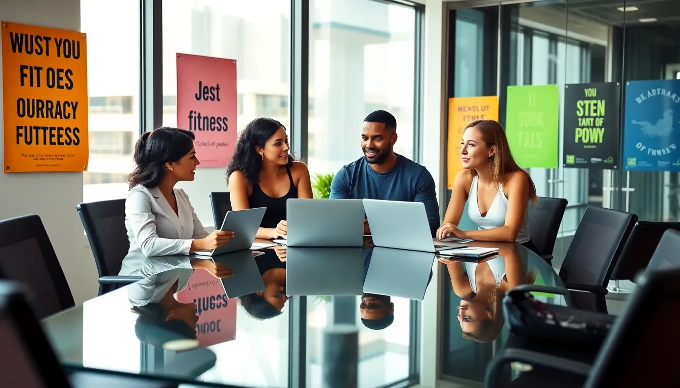 diverse team discussing fitness plans in a modern office.
