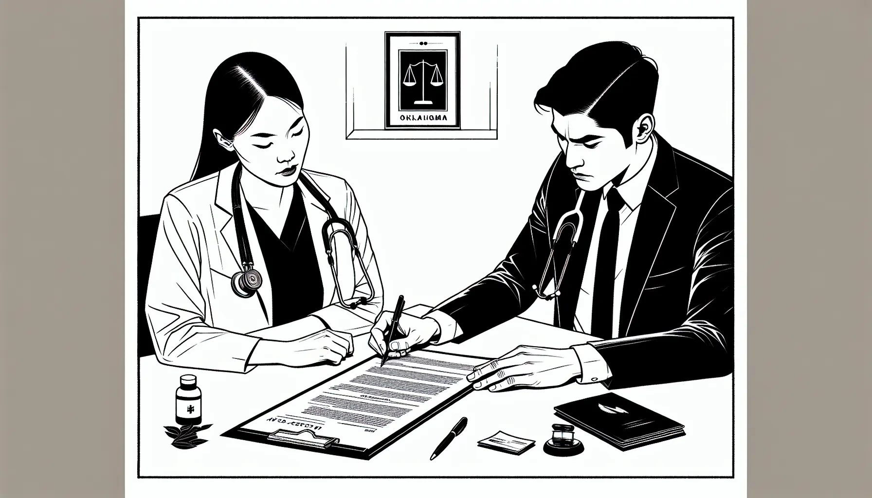 Veterinarian and attorney reviewing a contract with Oklahoma outline behind them with Oklahoma Veterinary Contract Review.