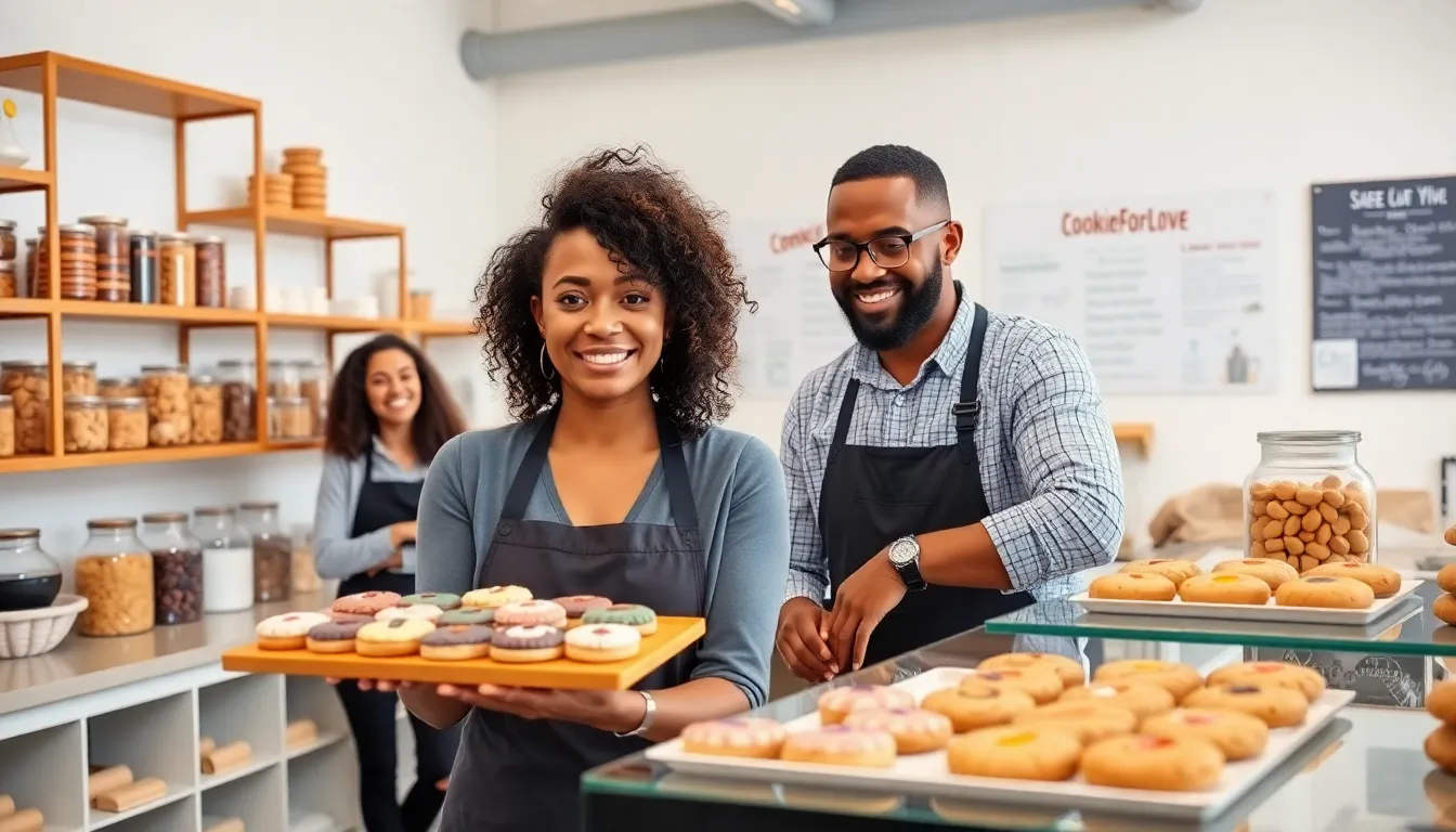 diverse team in a modern bakery showcasing a variety of cookies.