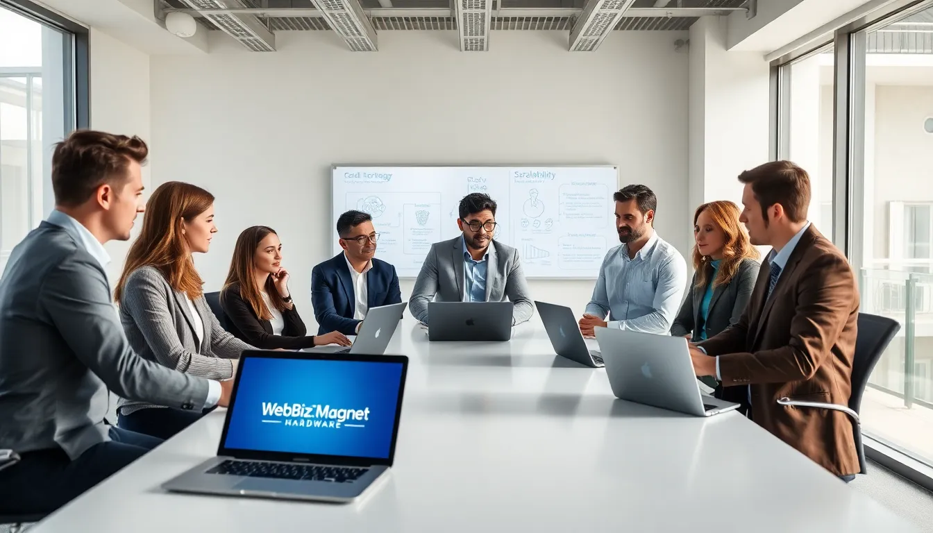 IT professionals collaborating on WebBizMagnet hardware solutions in a modern office.