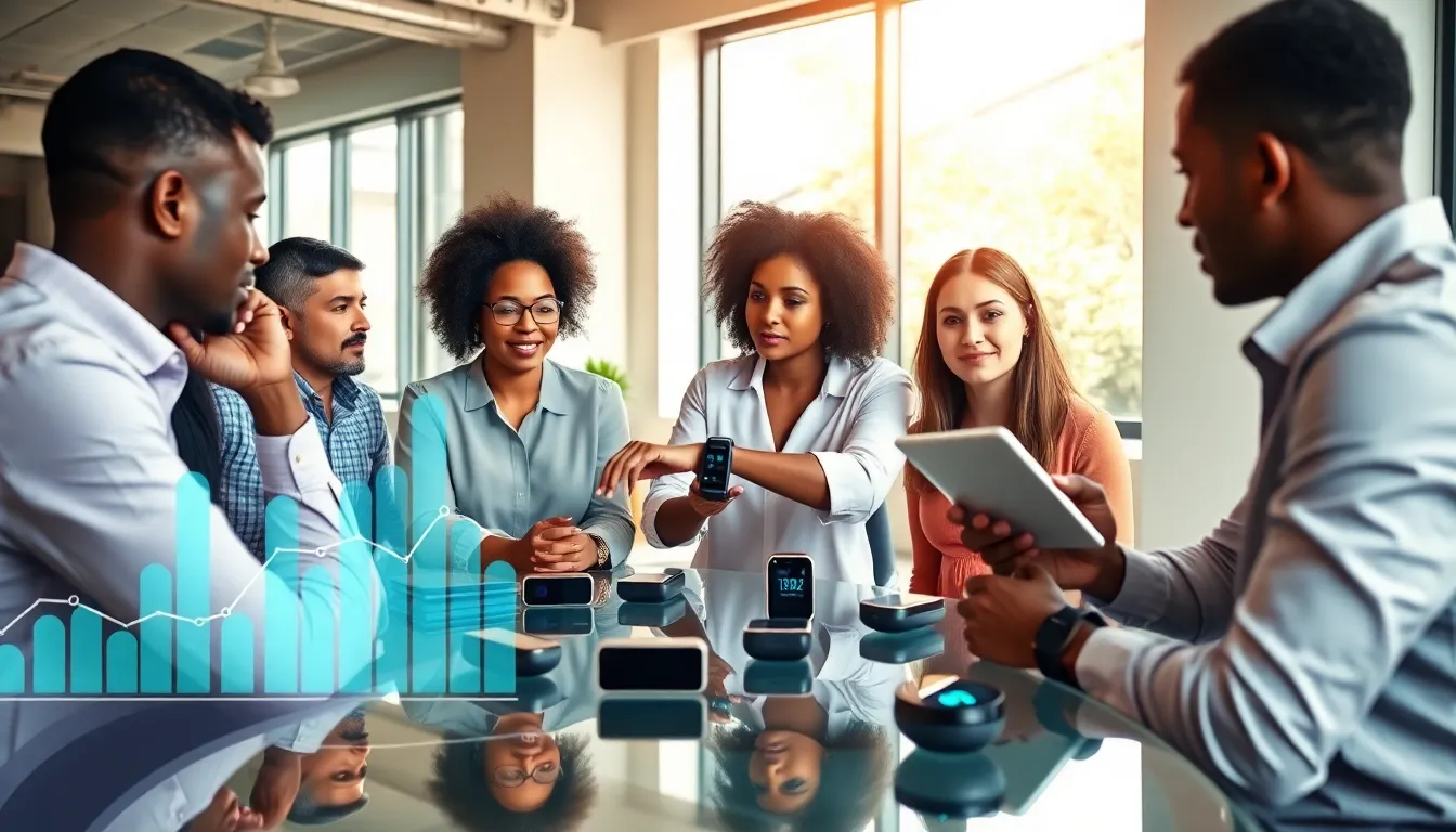 diverse team discussing mental health wearables in a modern office.