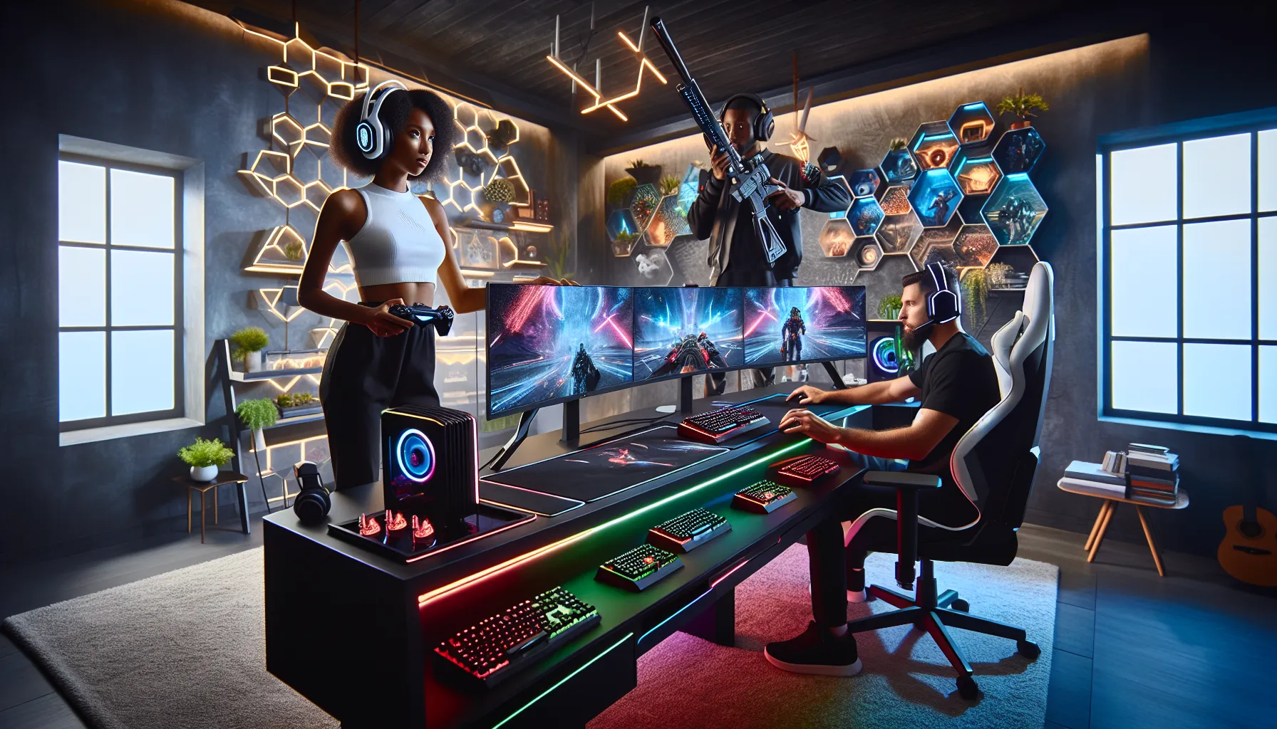 diverse gamers using high-tech gadgets in a modern gaming setup.