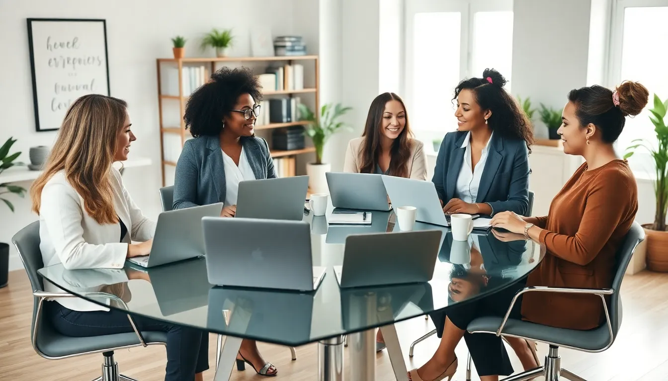 diverse group of mom entrepreneurs collaborating in a modern office.