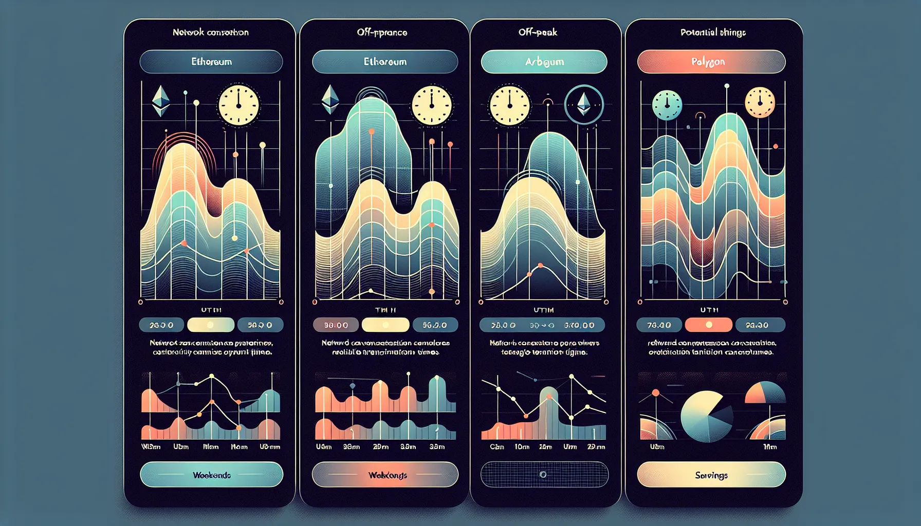 Comparison chart of Ethereum, Arbitrum, and Polygon gas fee patterns across 24-hour periods.