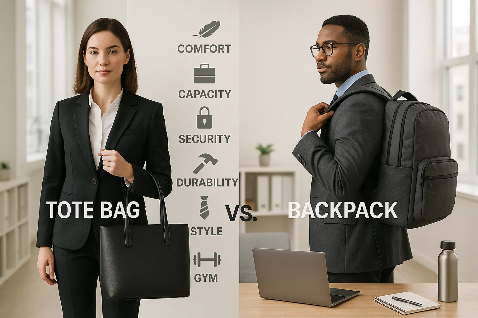Professional man with backpack and woman with tote bag in modern office.