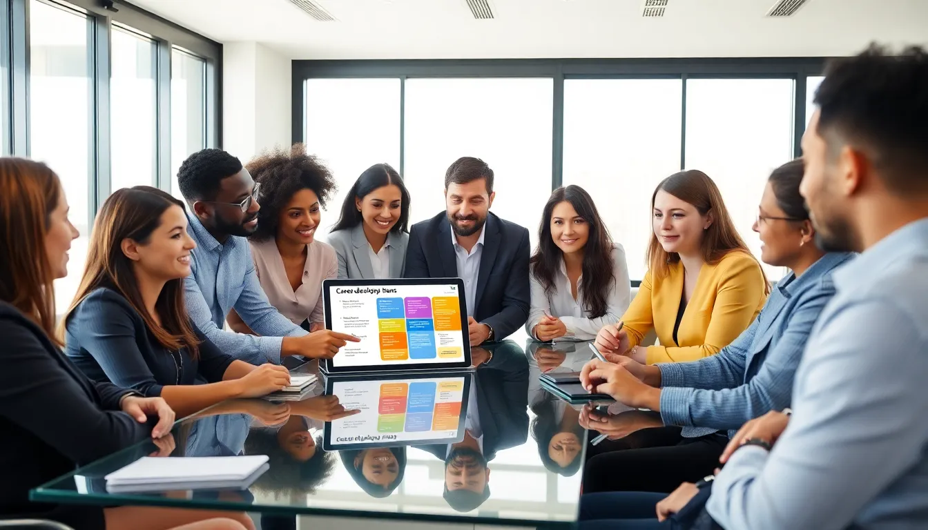 diverse team discussing career development plans in a modern office.