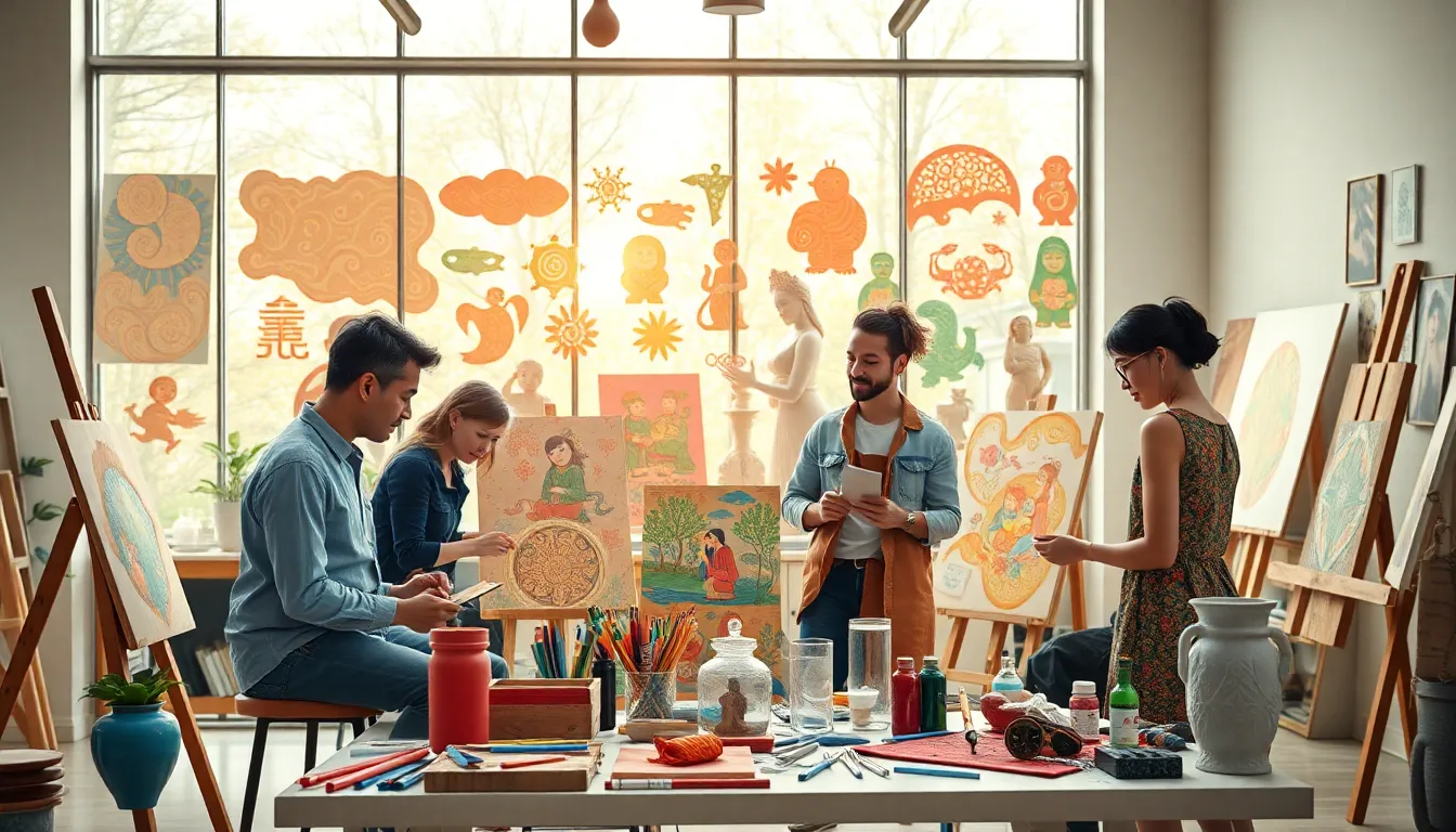 diverse artists collaborating in a modern studio on Tongschraoer artwork.