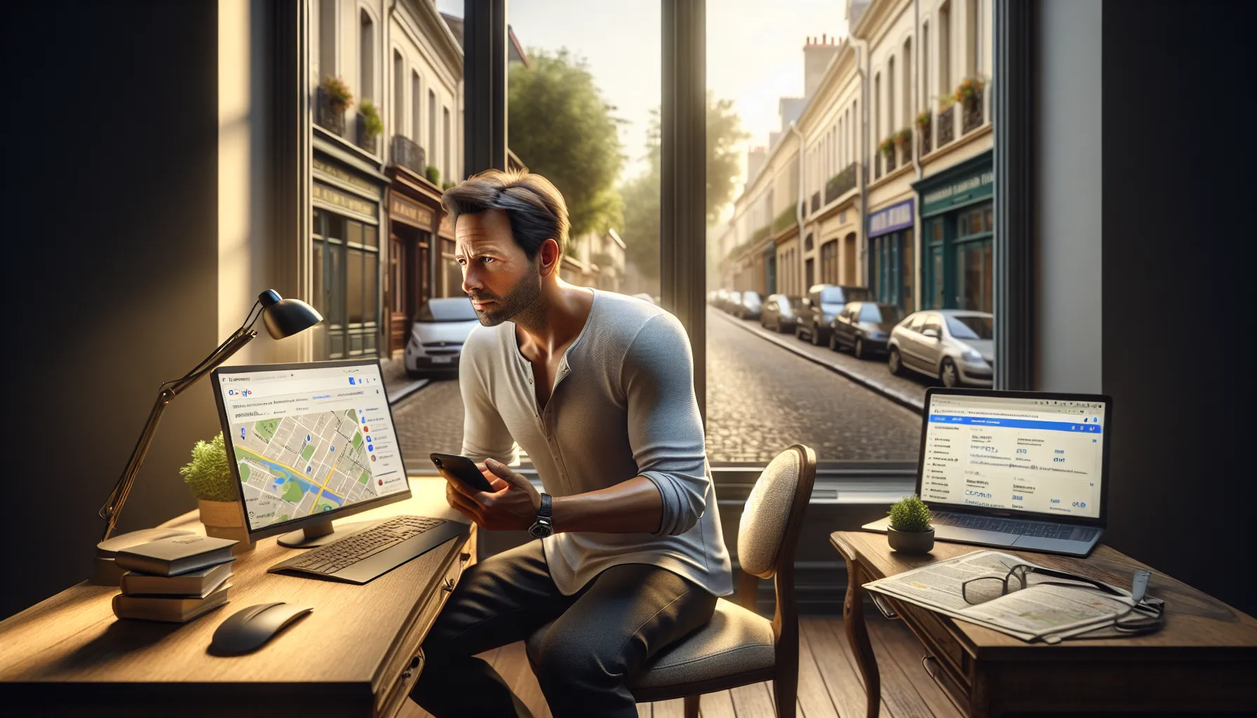 Local business owner in Villiers-sur-Marne checking strong Google search and map rankings.