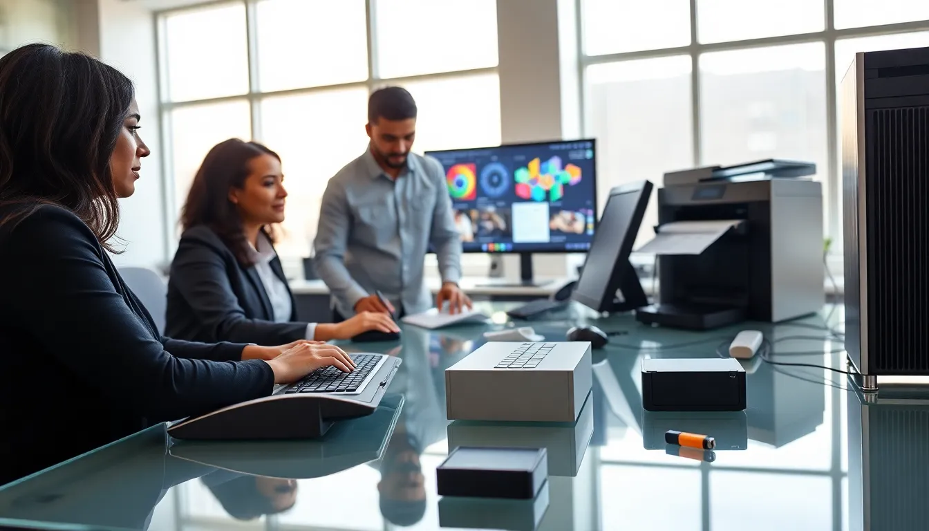 diverse professionals using various hardware devices in a modern office.