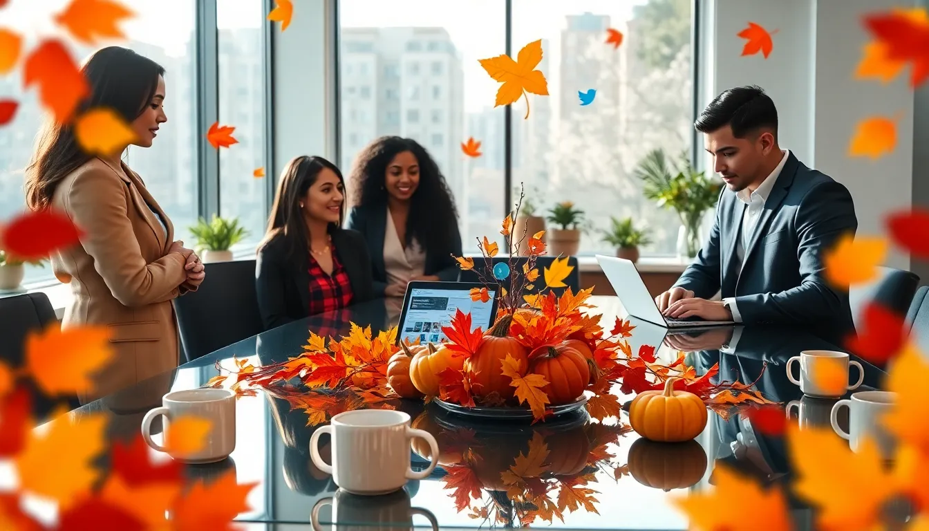 diverse team discussing Thanksgiving social media content in a modern office.