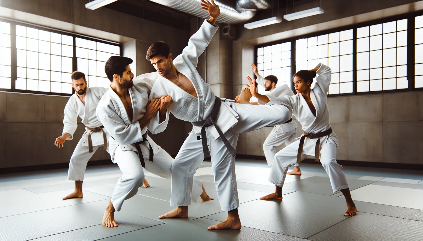 Martial arts practitioners demonstrate Judo and Karate techniques in a professional dojo.