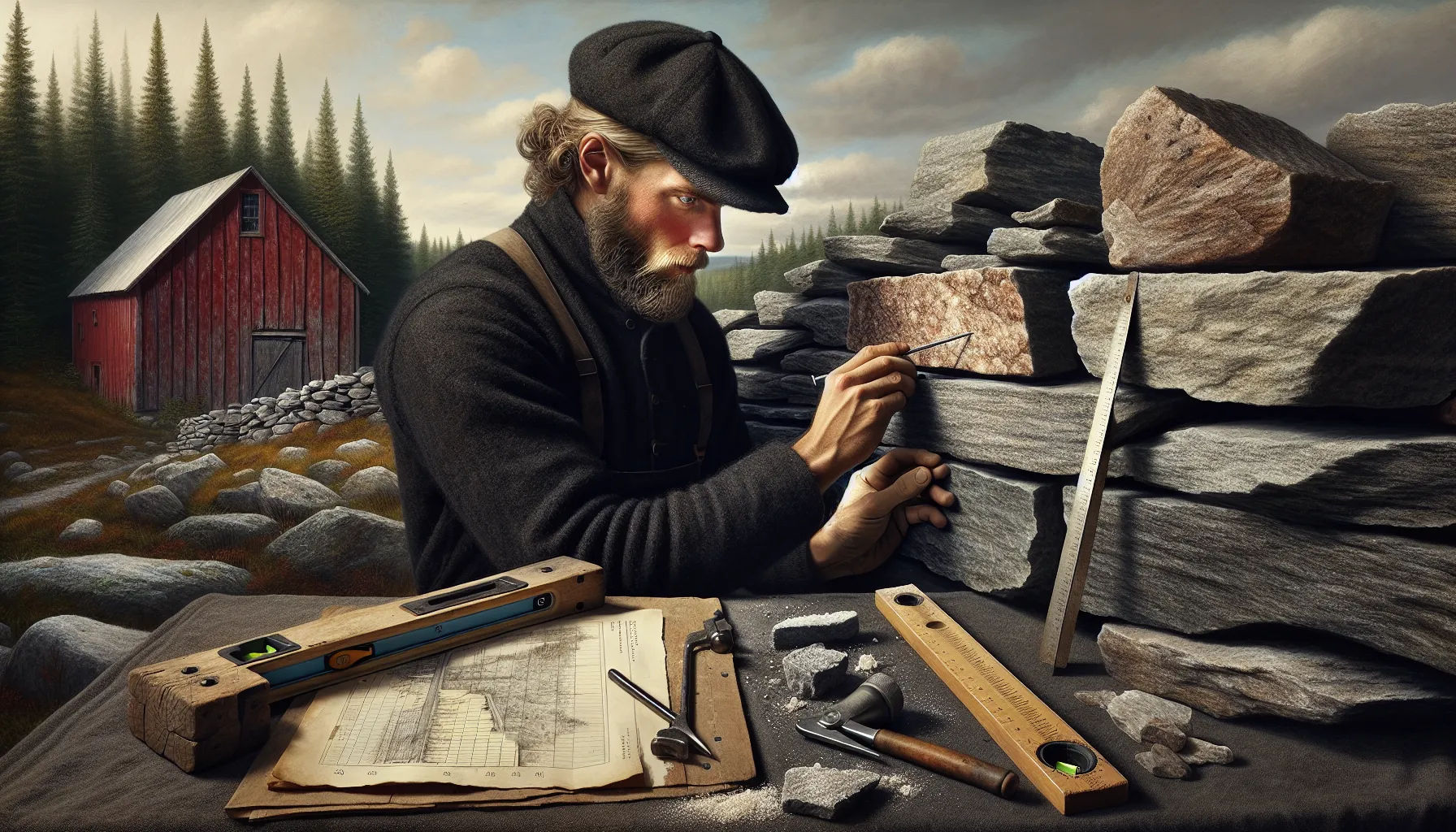 Slik restaurerer du gamle steinvegger og murer 2 Stonemason tests lime mortar on old norwegian stone wall with visible damage.