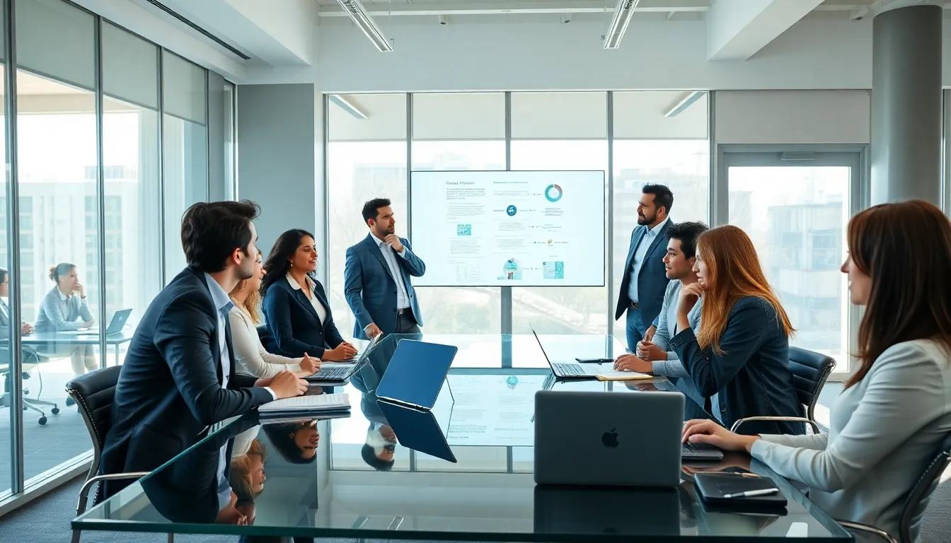 diverse team brainstorming in a modern office.
