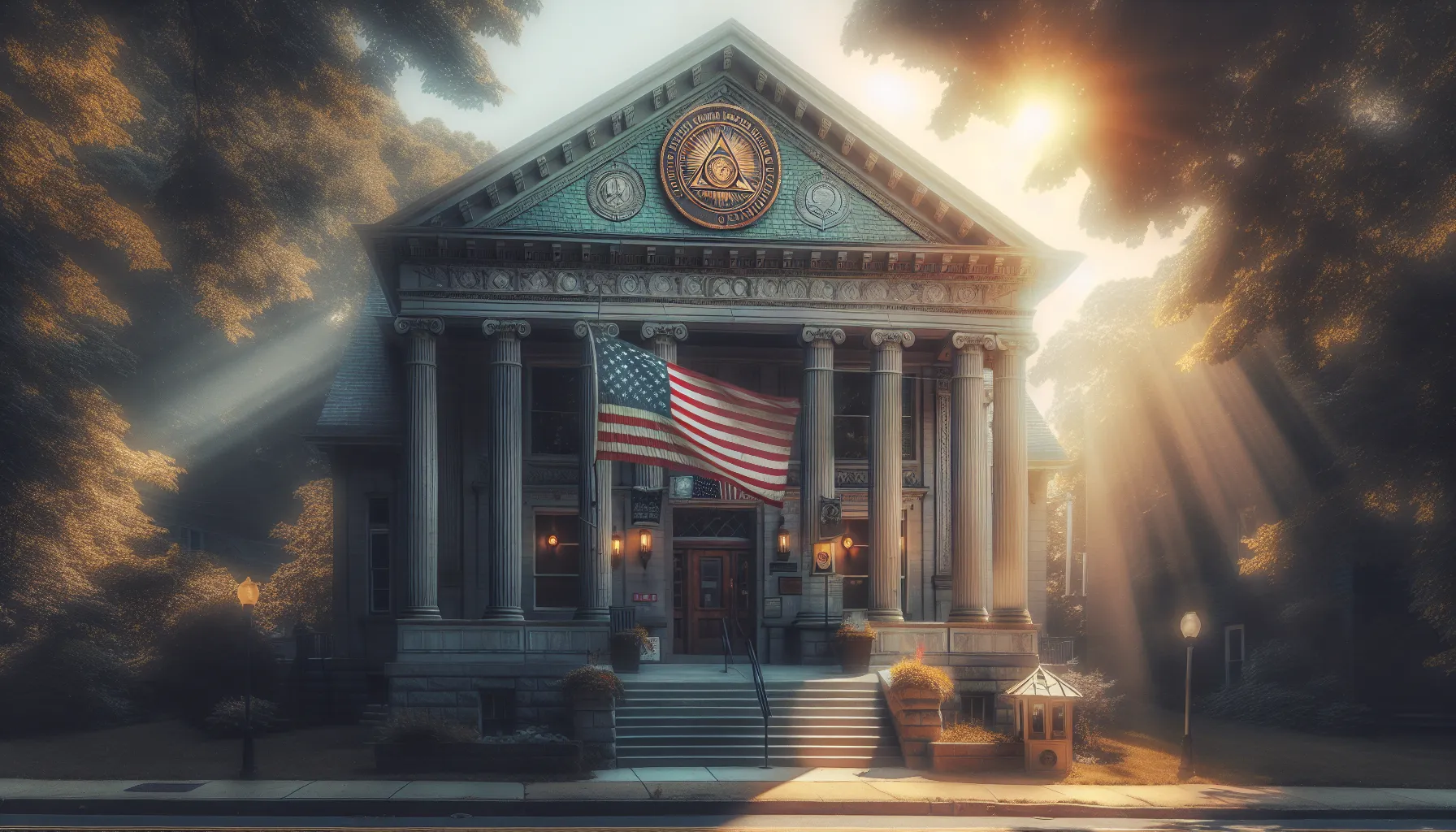 A historic veterans' hall with an American flag in daylight.