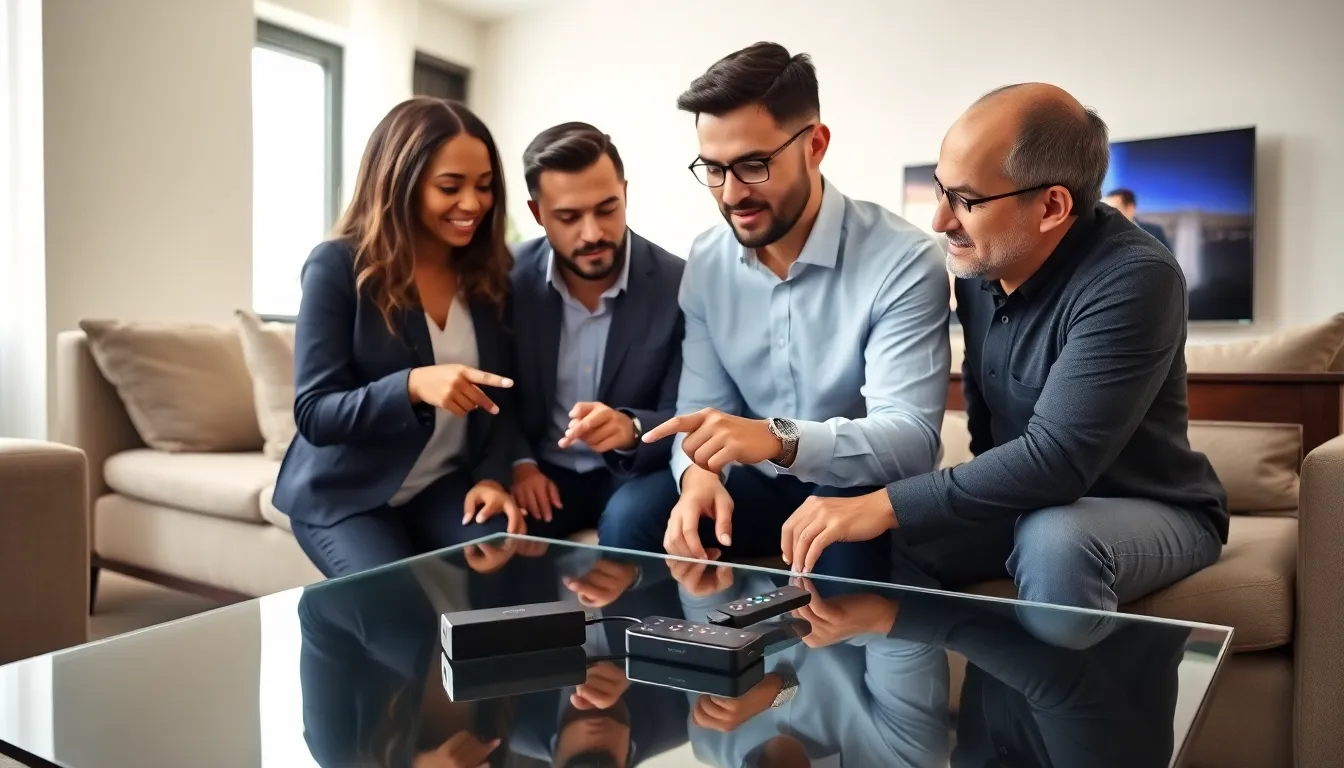 diverse team troubleshooting an Amazon Fire Stick in a modern living room.