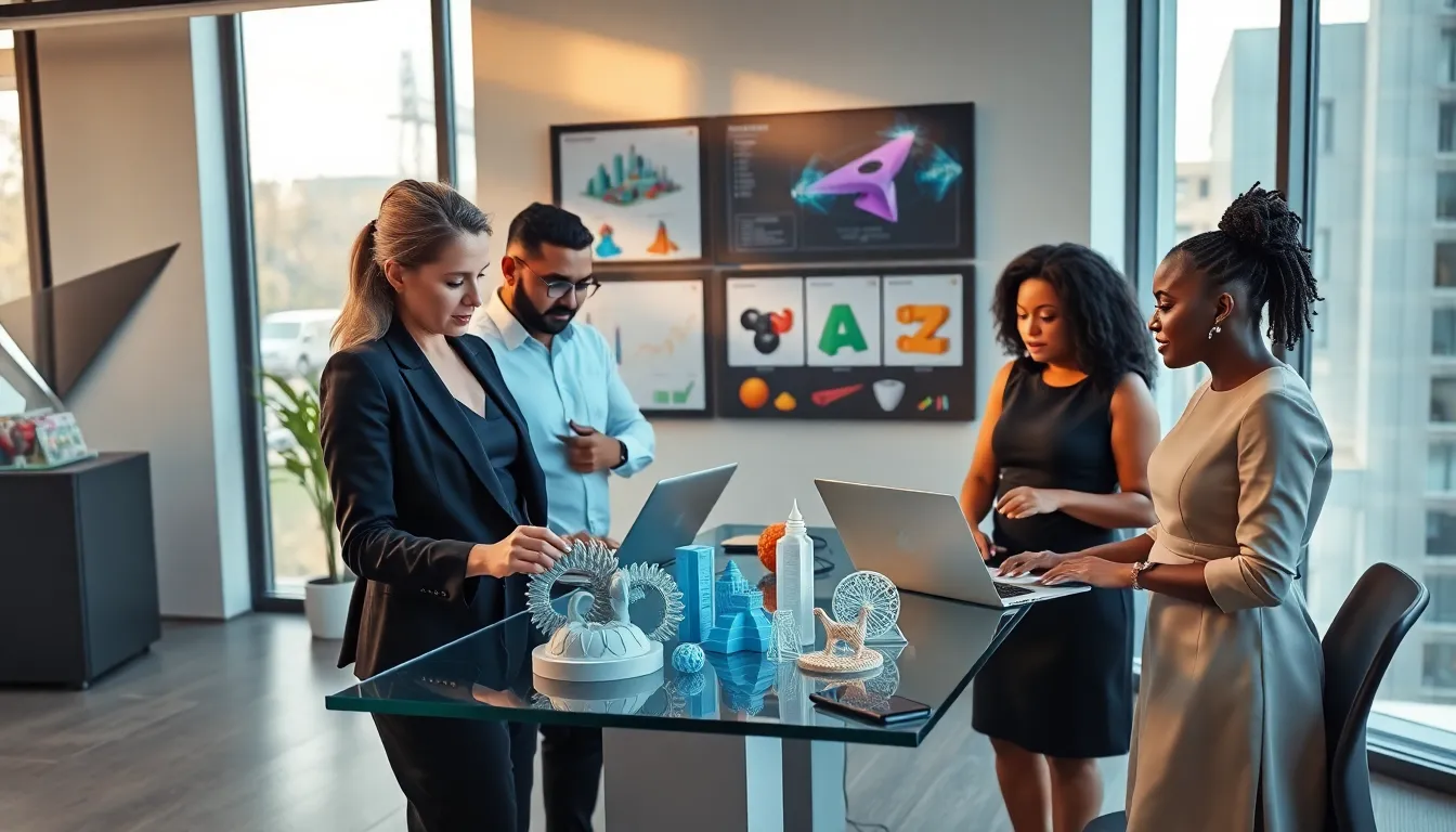 diverse team collaborating on 3D printing projects in a modern office.