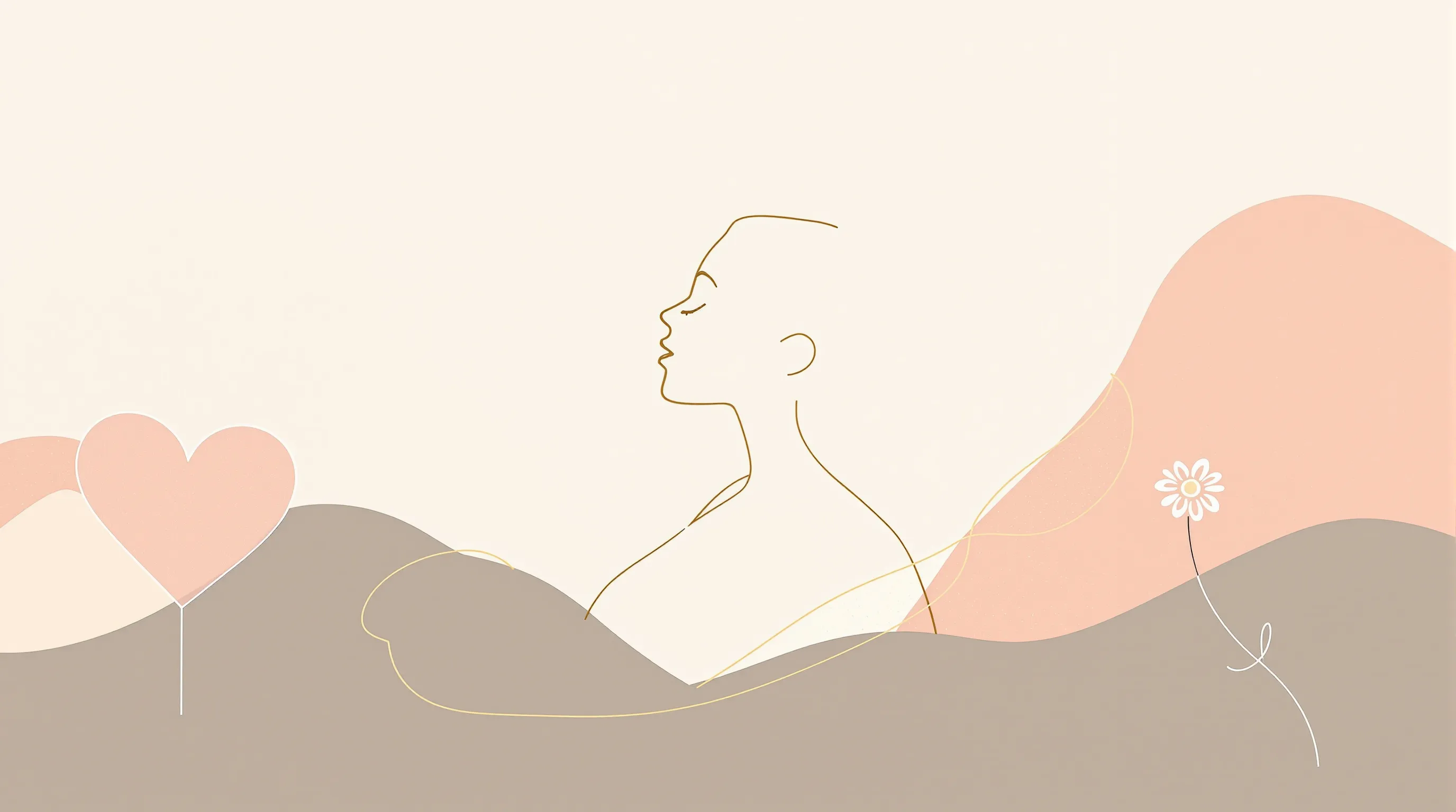 Minimalist line silhouette of woman with heart and mountain symbols for Women's Day.