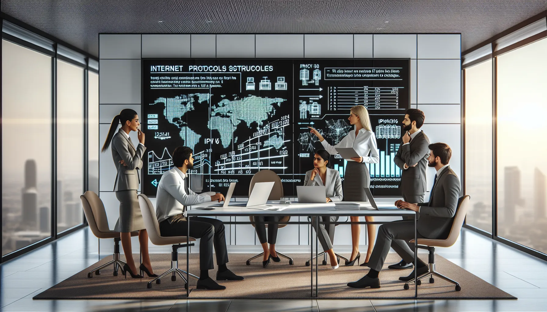 IT professionals discussing IPv4 and IPv6 in a modern office.