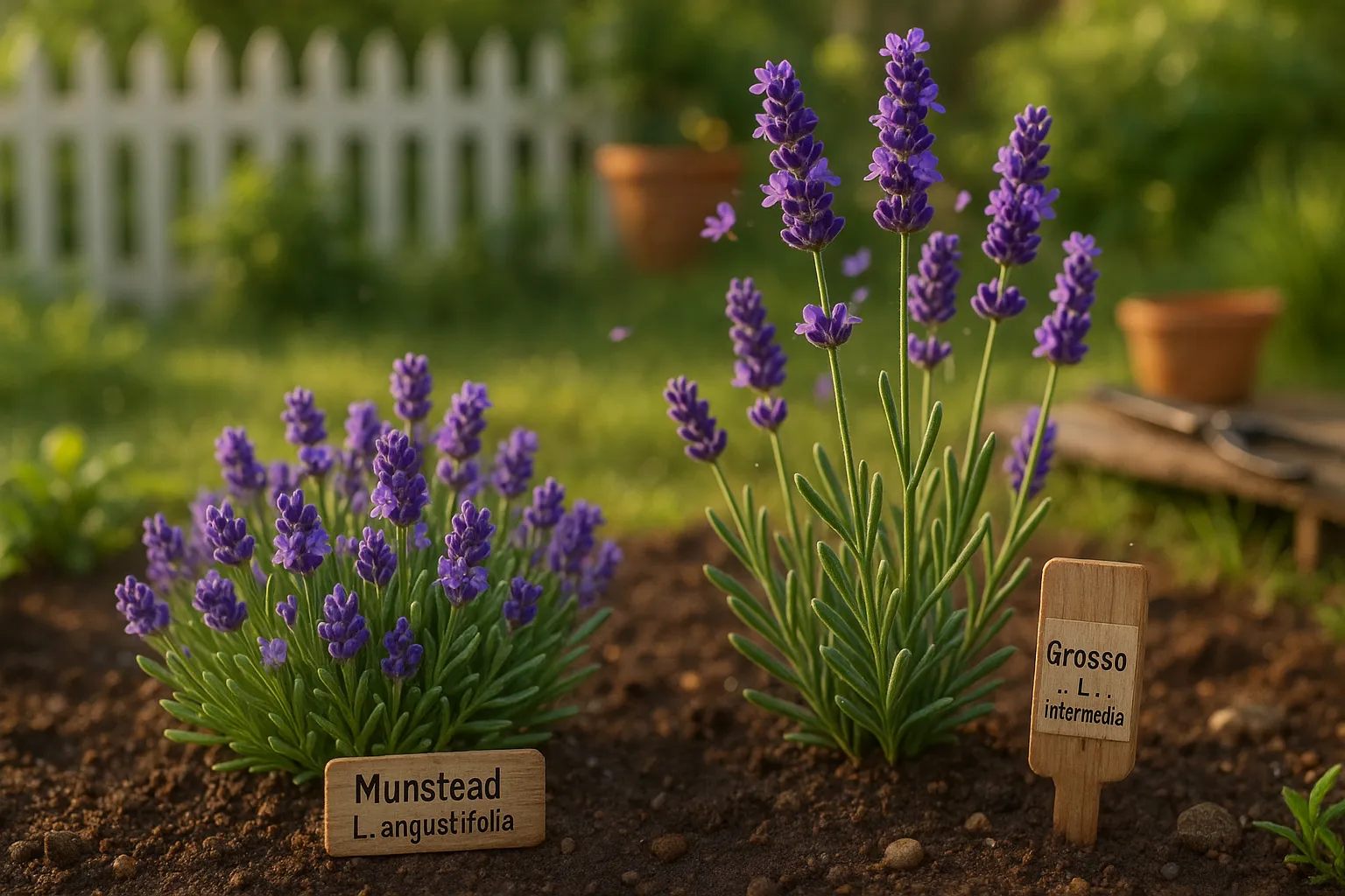 Side-by-side English lavender mound and taller lavandin with wooden labels.