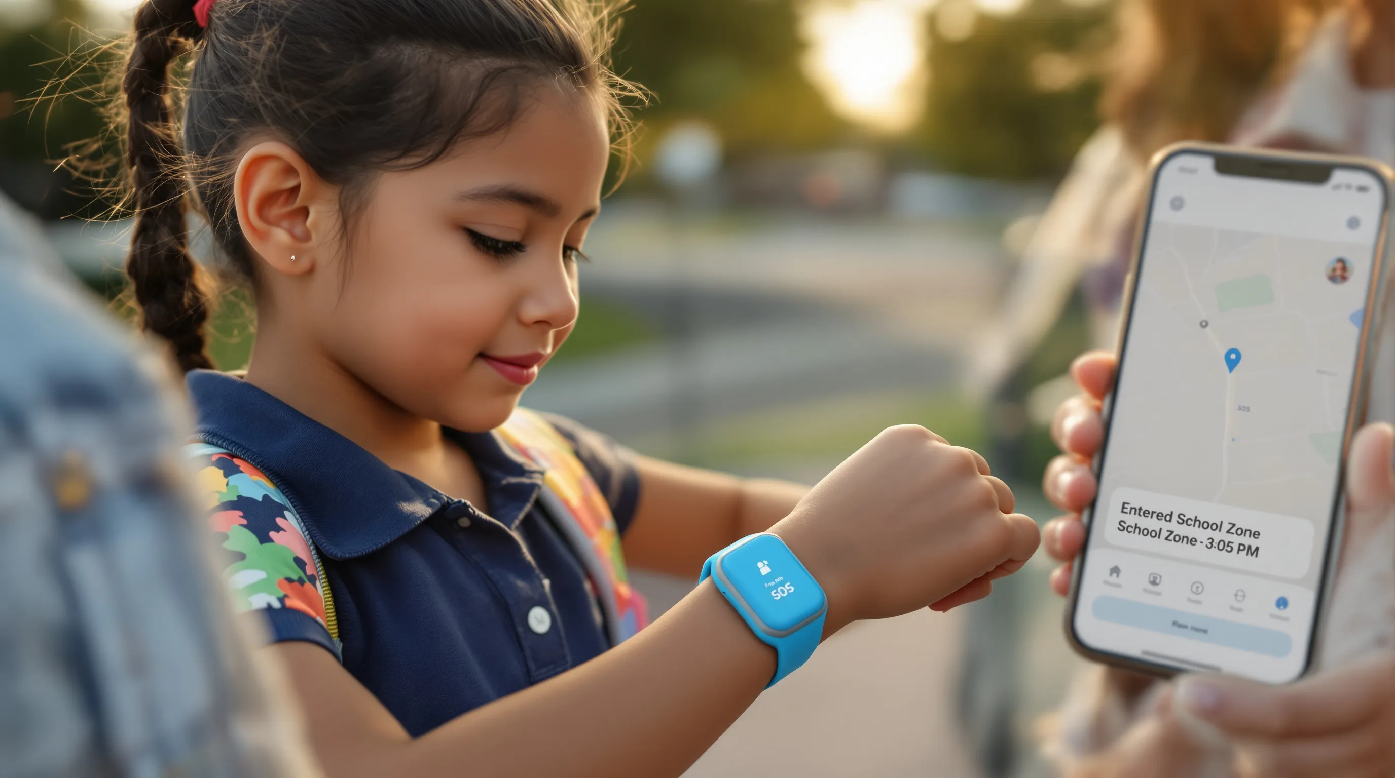 Child wearing a kids’ smartwatch as a parent checks geofence alerts nearby.