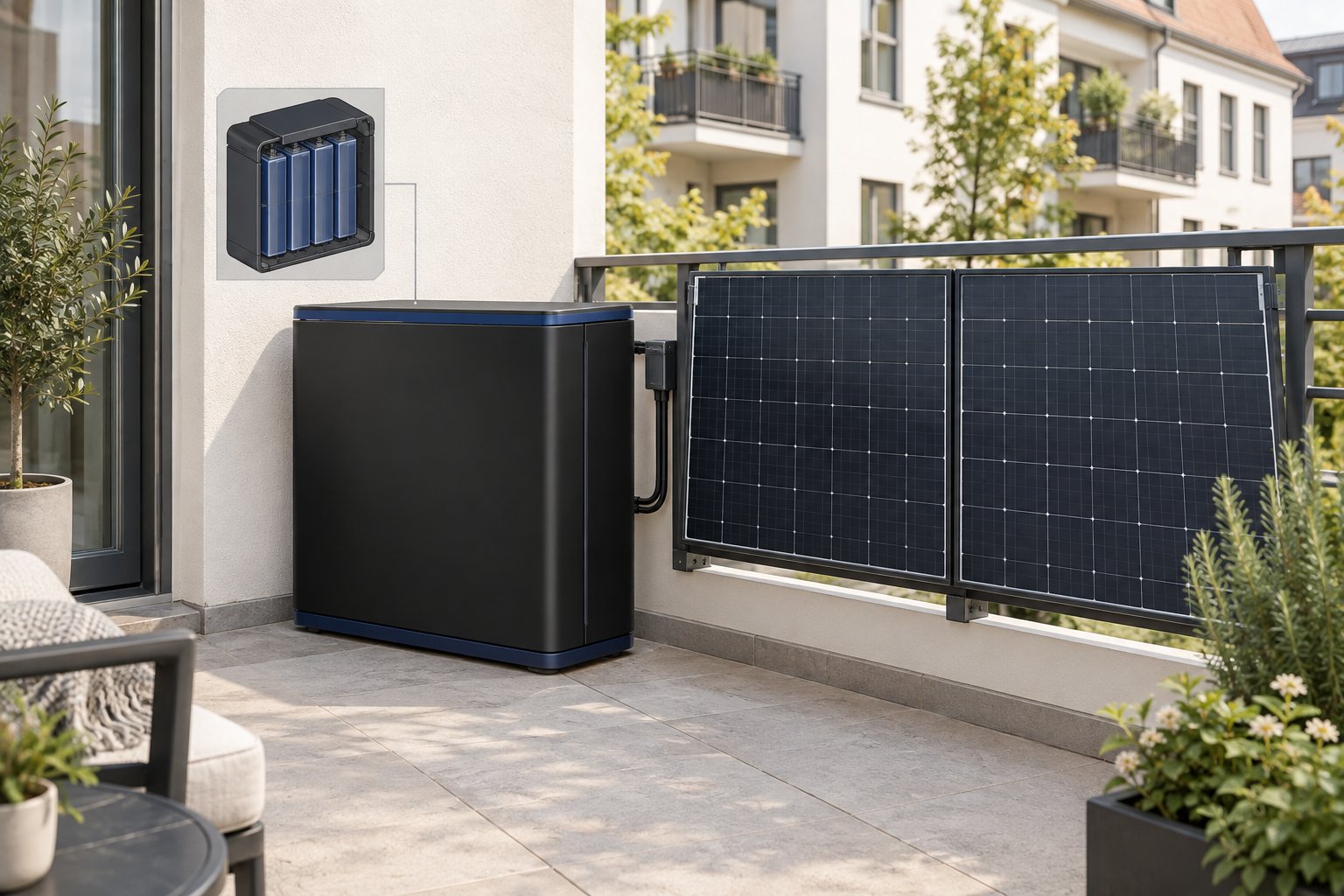 Kompakter Solarspeicher und Photovoltaikmodule auf einem Balkon