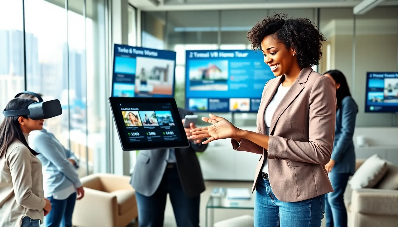 a real estate agent showcasing modern technology in a contemporary office.