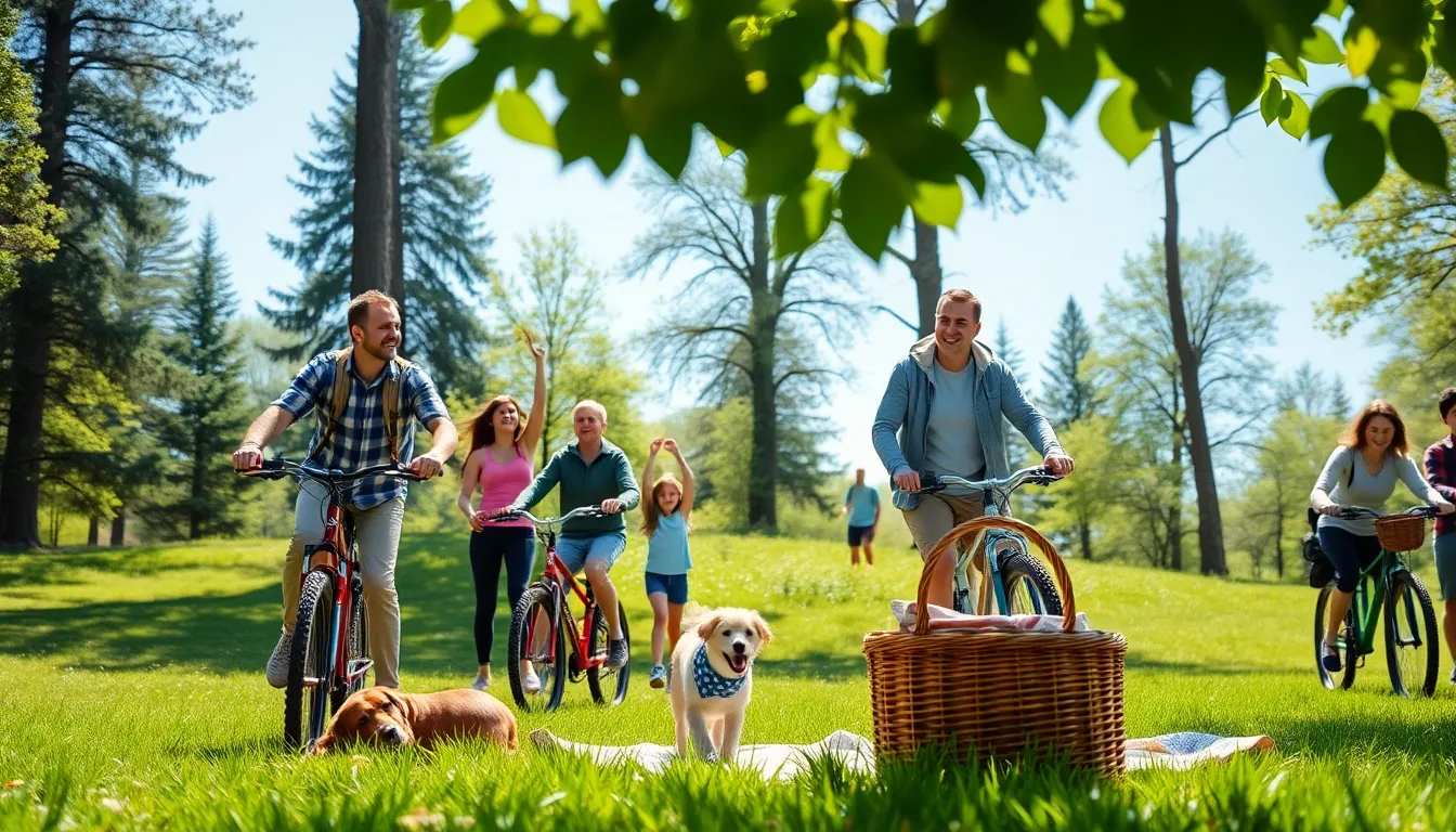 family enjoying outdoor activities in a sunny park.