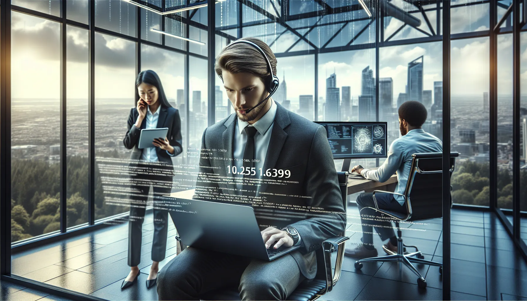 professionals collaborating in a modern office on technology solutions.