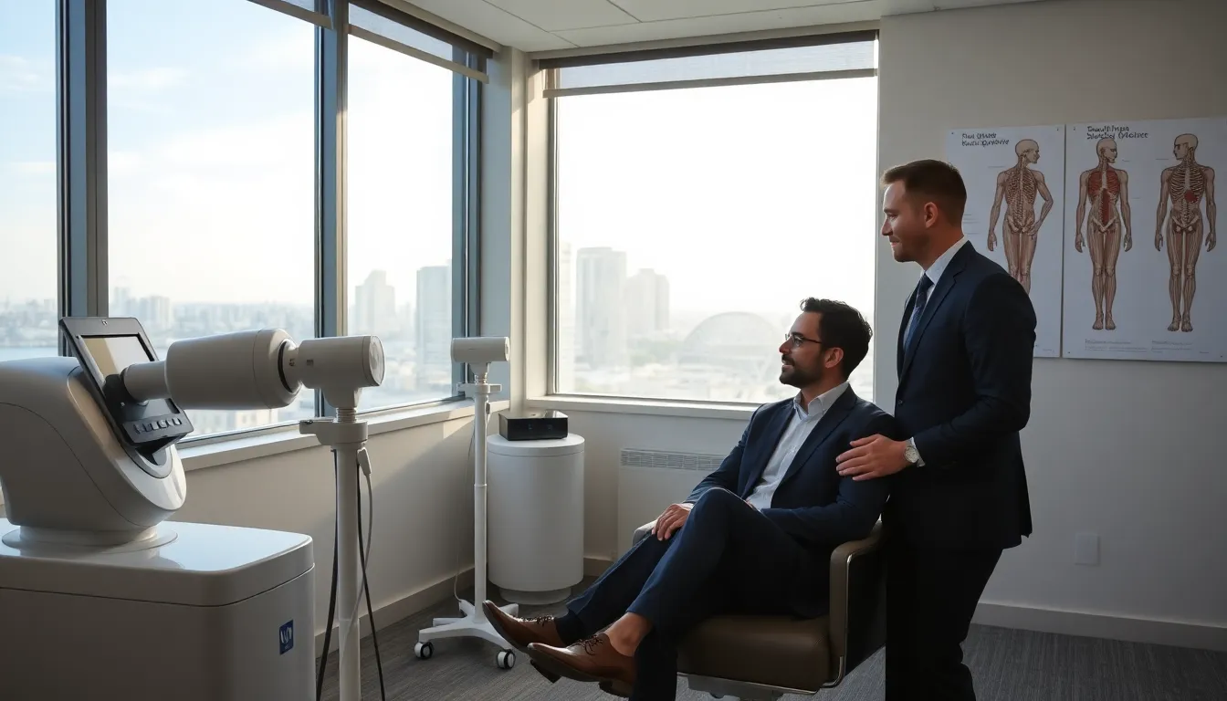 Professional explaining two shockwave therapy devices in a modern Sydney clinic.