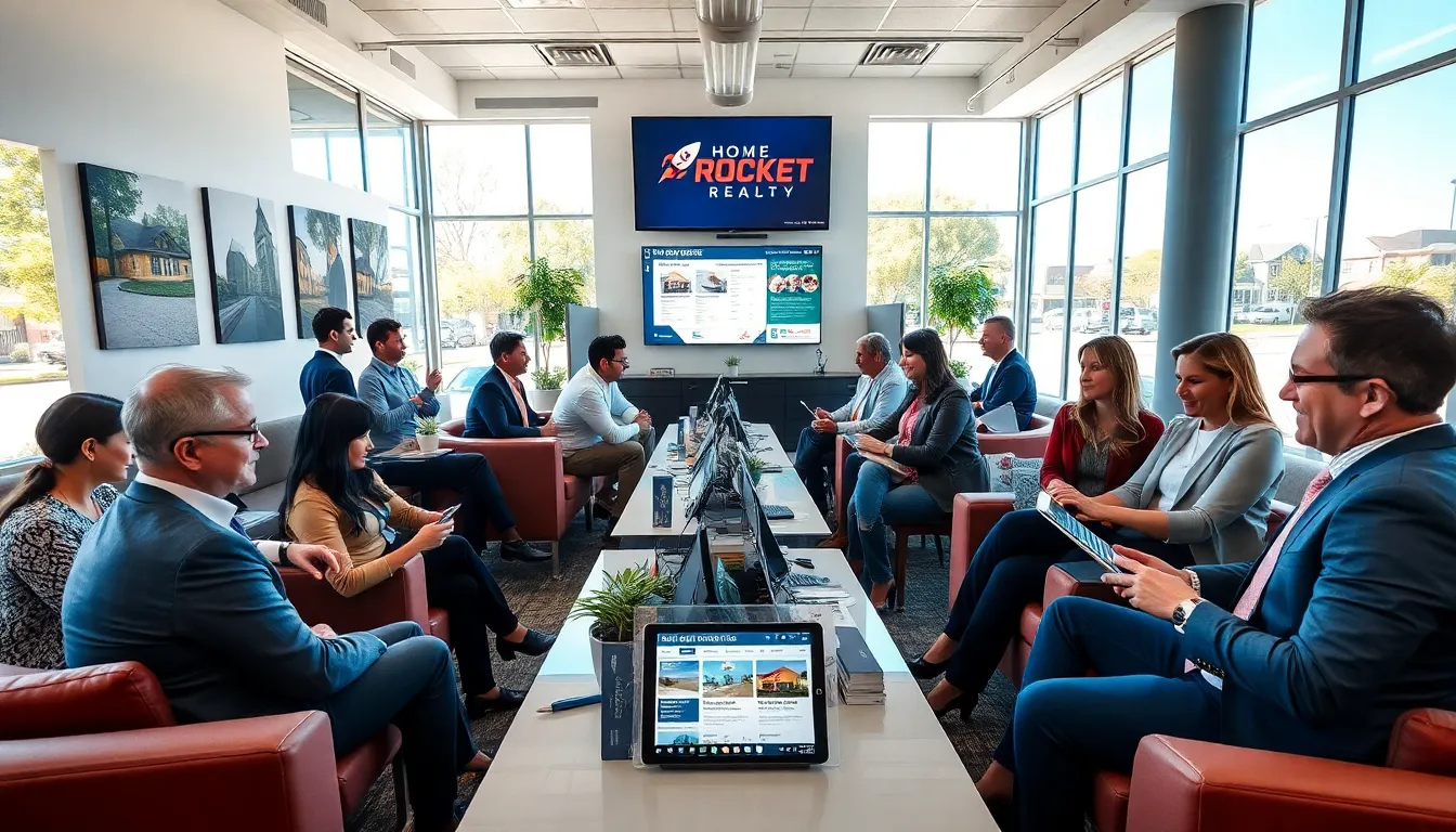 real estate professionals collaborating in a modern office space.