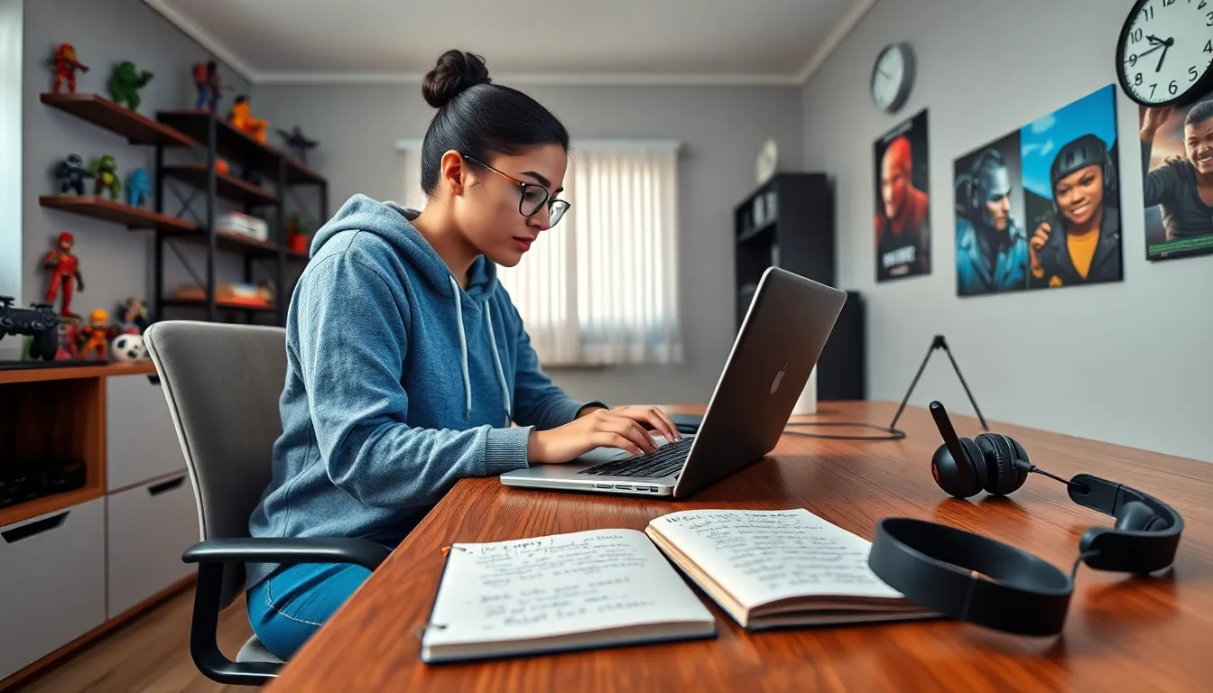 a young woman reviewing gaming terms and conditions at her desk.