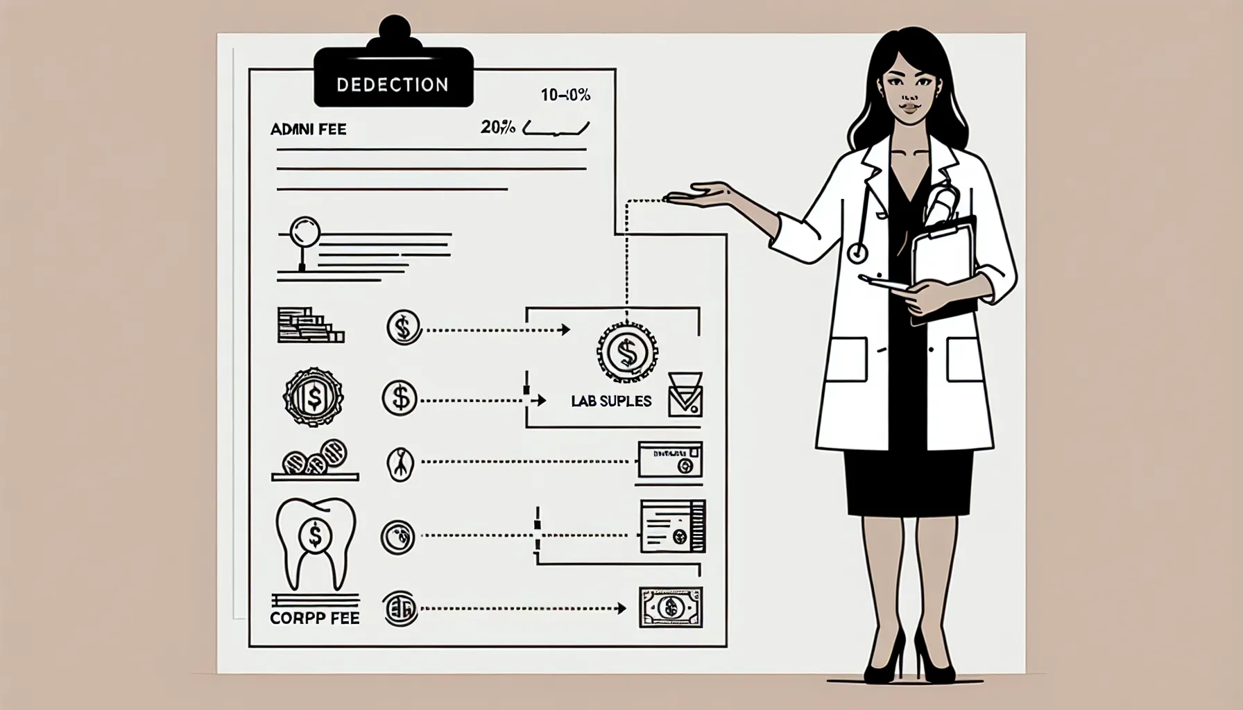 Dental associate with a paycheck reduced by labeled deduction tags.