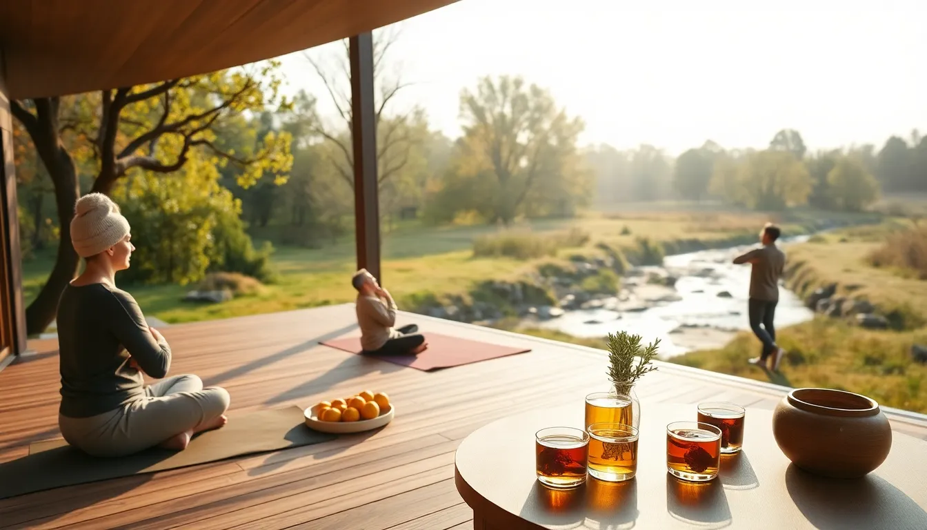 men practicing mindfulness at a serene wellness retreat outdoors.