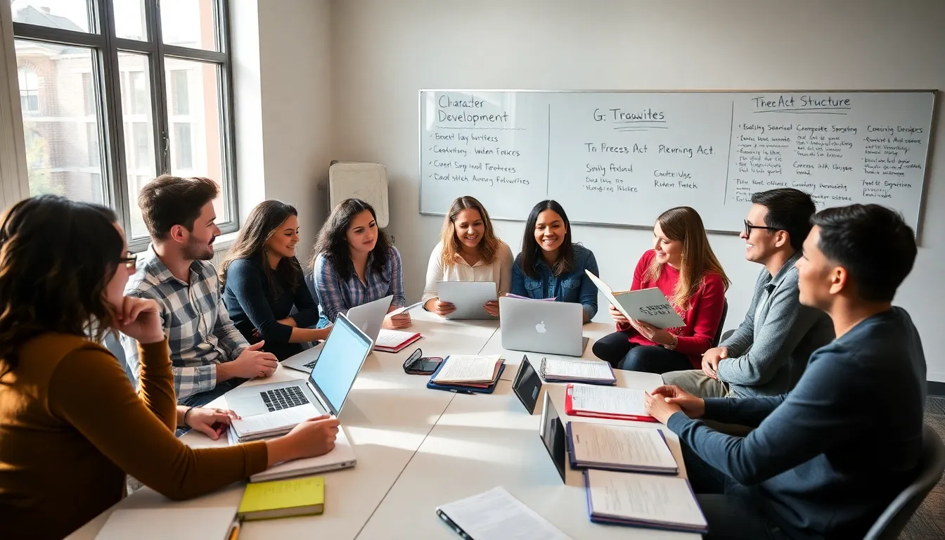 diverse group of aspiring playwrights collaborating in a modern classroom.