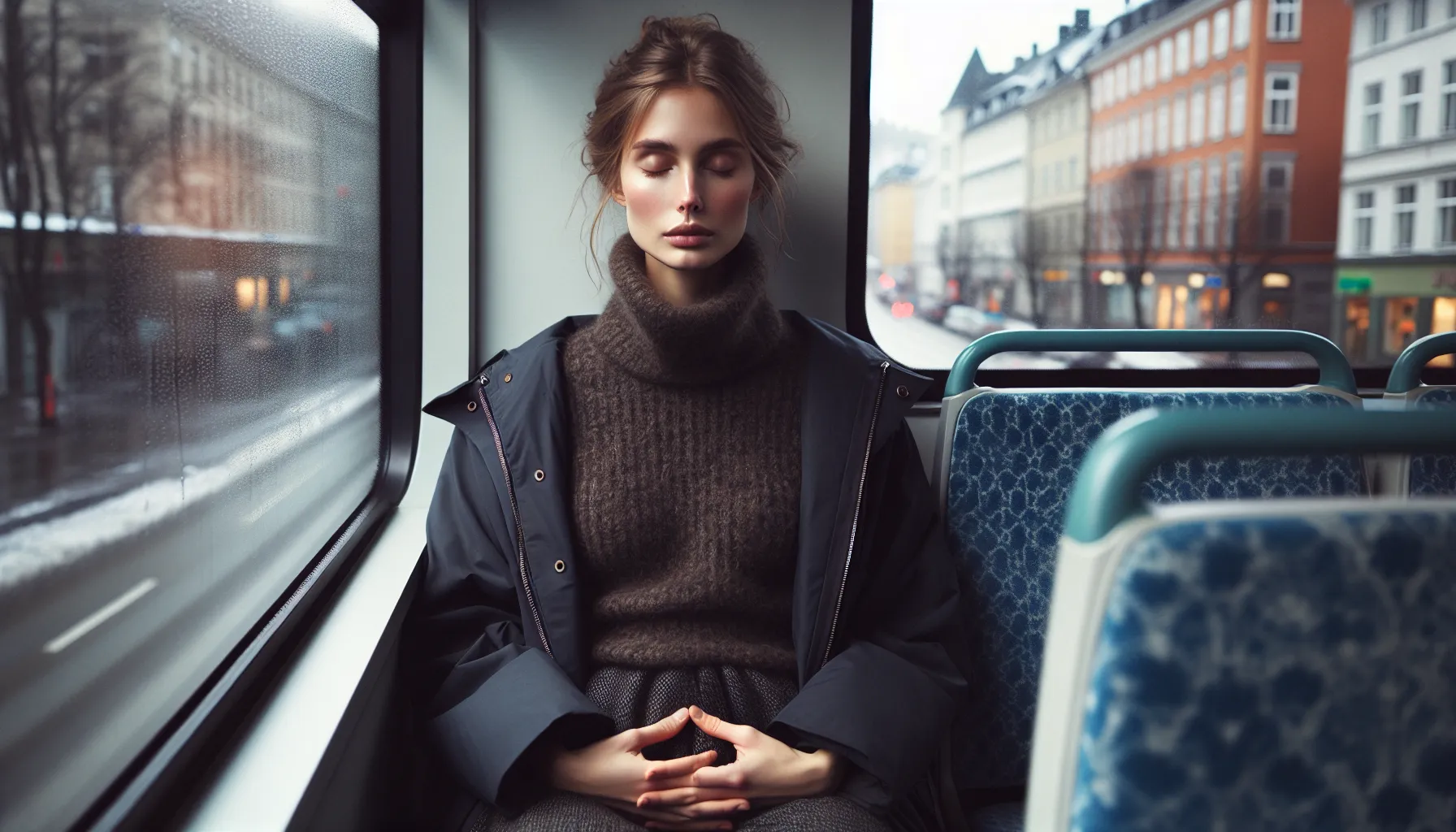 Calm woman on a norwegian bus practicing nasal box breathing with timer.