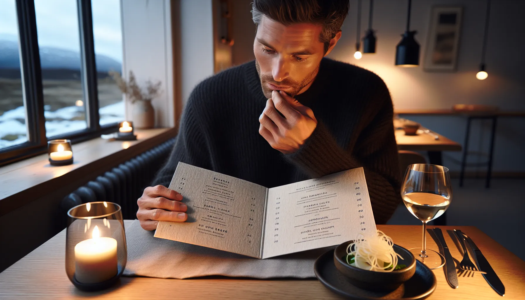 Norwegian diner studies a menu with cooking methods and seasonal origins.