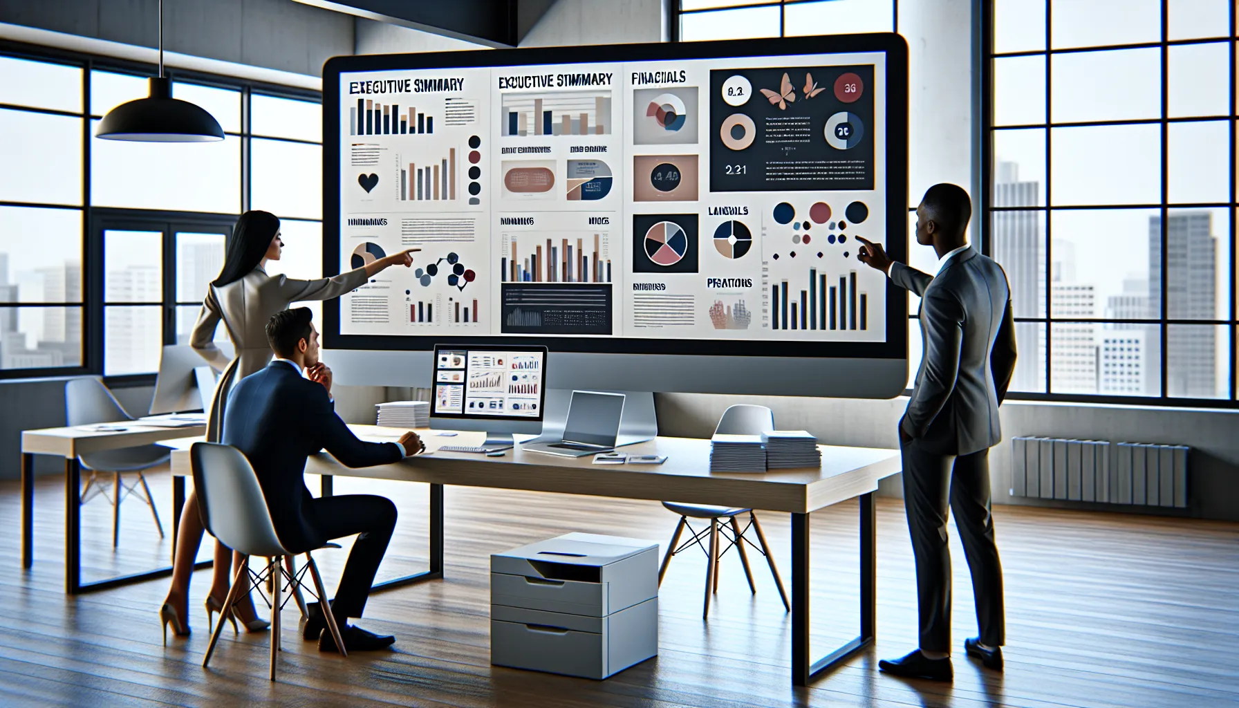 Team reviews Power BI report layouts optimized for PDF and print in office.