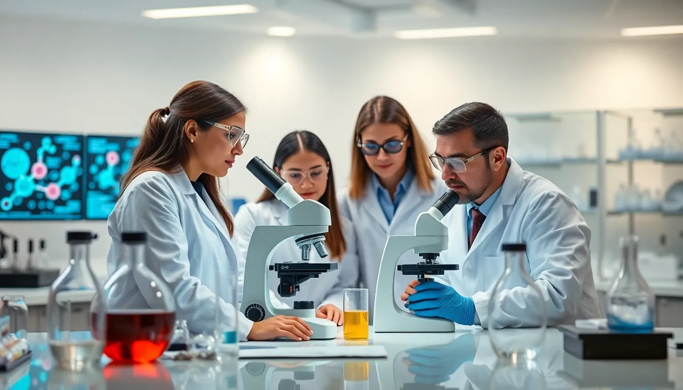 diverse scientists working in a modern lab on glutaminotransferase research.